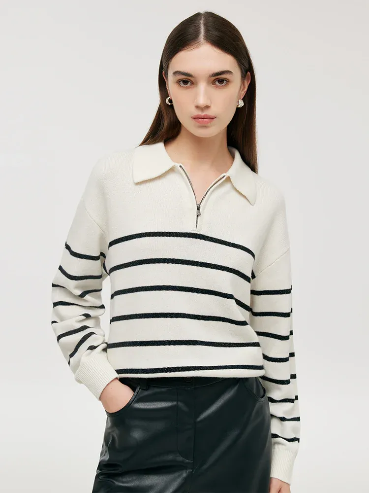 Wool Striped Sweater and PU Leather Pants Two-Piece Set sold by Goelia