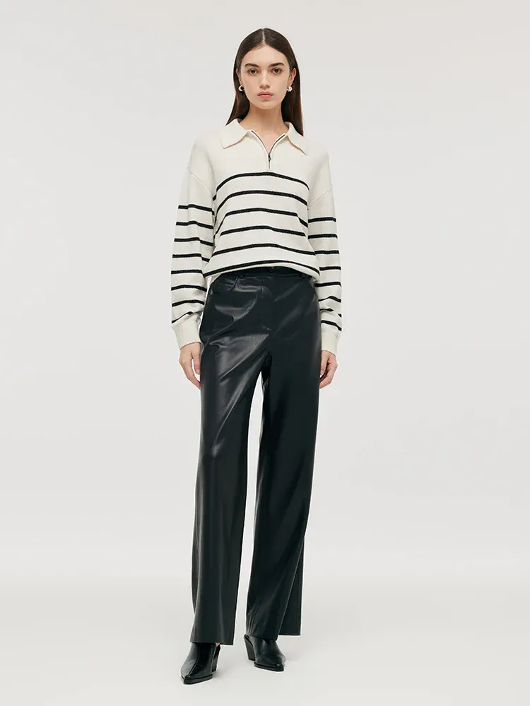 Wool Striped Sweater and PU Leather Pants Two-Piece Set sold by Goelia product image thumbnail 2