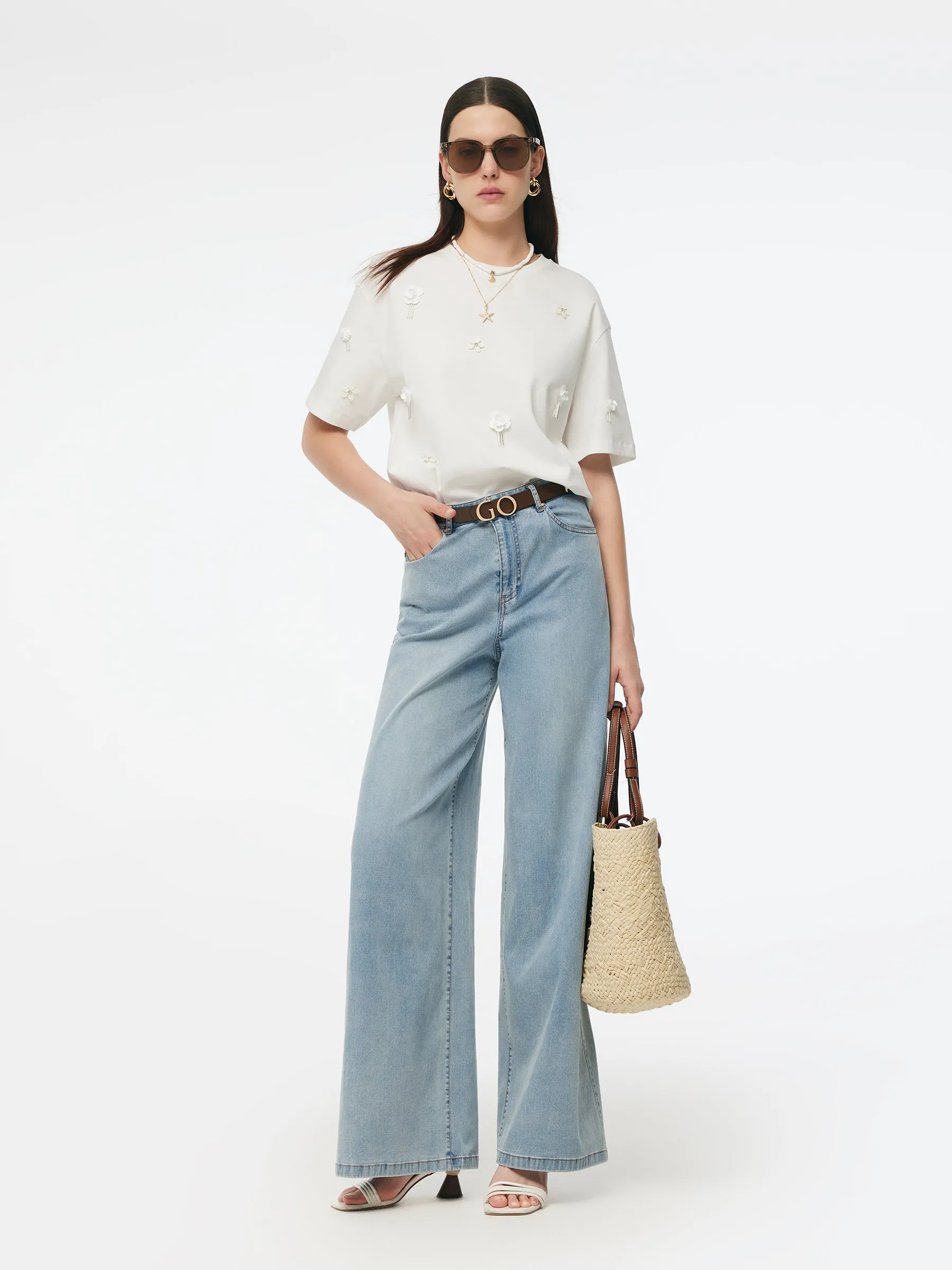 100% Cotton 3D Floral Beaded Women T-Shirt sold by Goelia product image thumbnail 4