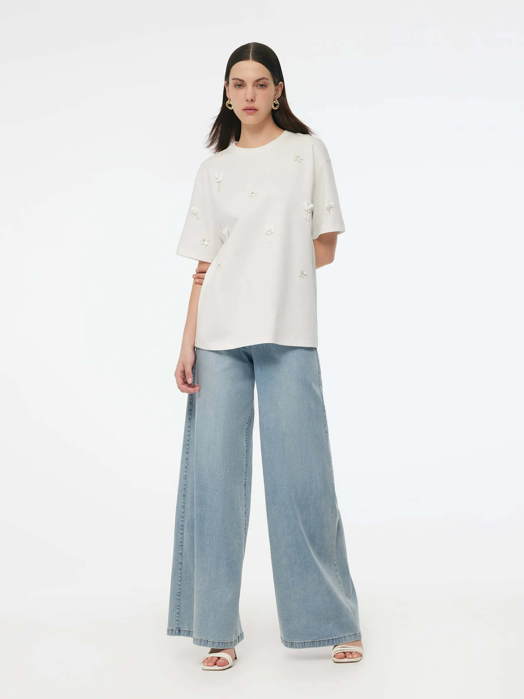 100% Cotton 3D Floral Beaded Women T-Shirt sold by Goelia product image thumbnail 2