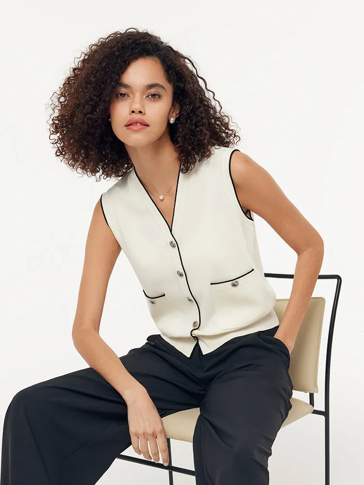 Contrast Trim Knit Vest And Denim Adjustable Waist Palazzo Jeans Two-Piece Set sold by Goelia