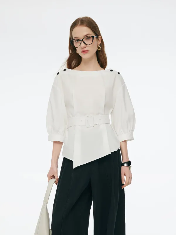 Boat Neck Blouse With Belt And Stretch Full Length Pants Two-Piece Set sold by Goelia