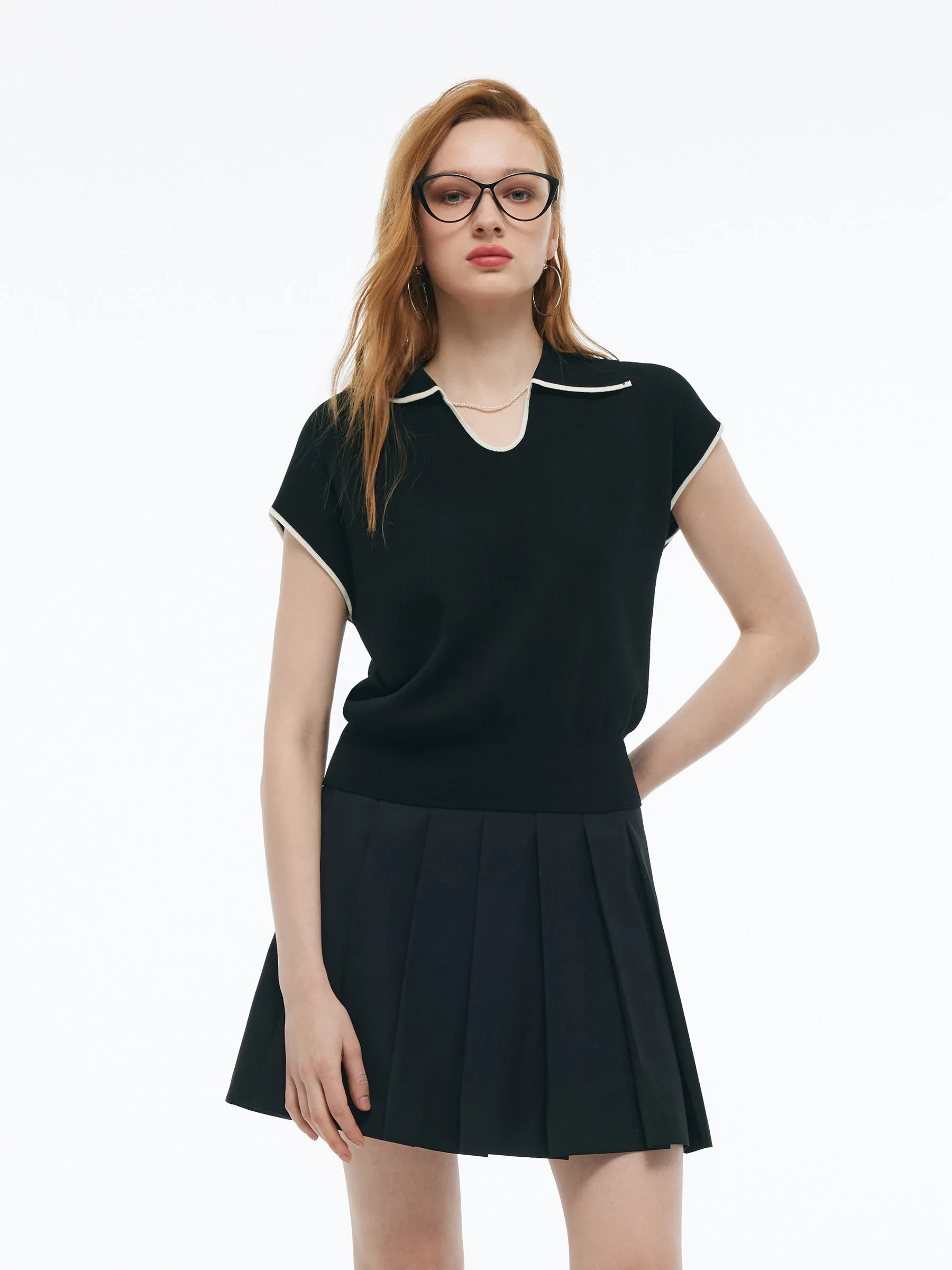 Tencel Blend Contrast Trim Women Knit Top sold by Goelia