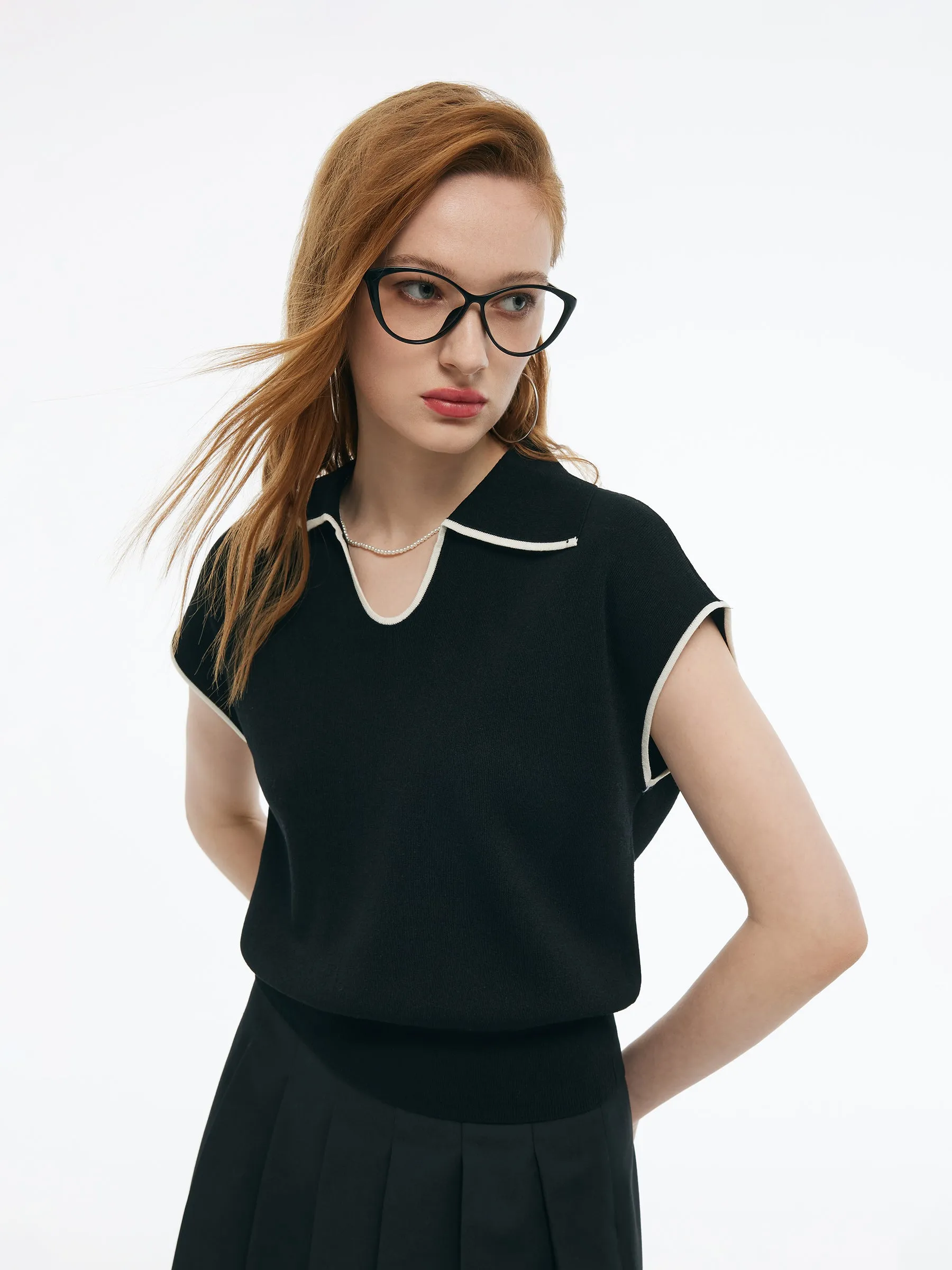 Tencel Blend Contrast Trim Women Knit Top sold by Goelia product image thumbnail 4