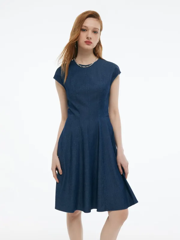Denim Cap Sleeve Women Midi Dress sold by Goelia