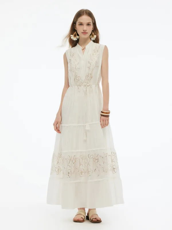 Tencel Blend Embroidered Women Maxi Vest Dress With Tie String Belt sold by Goelia