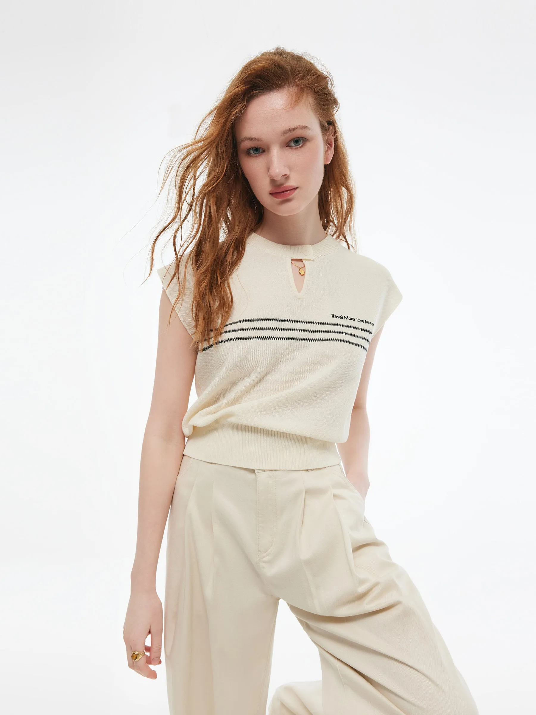 Tencel Blend Stripe Letter Print Women Cap Sleeve Knit Top sold by Goelia product image thumbnail 2