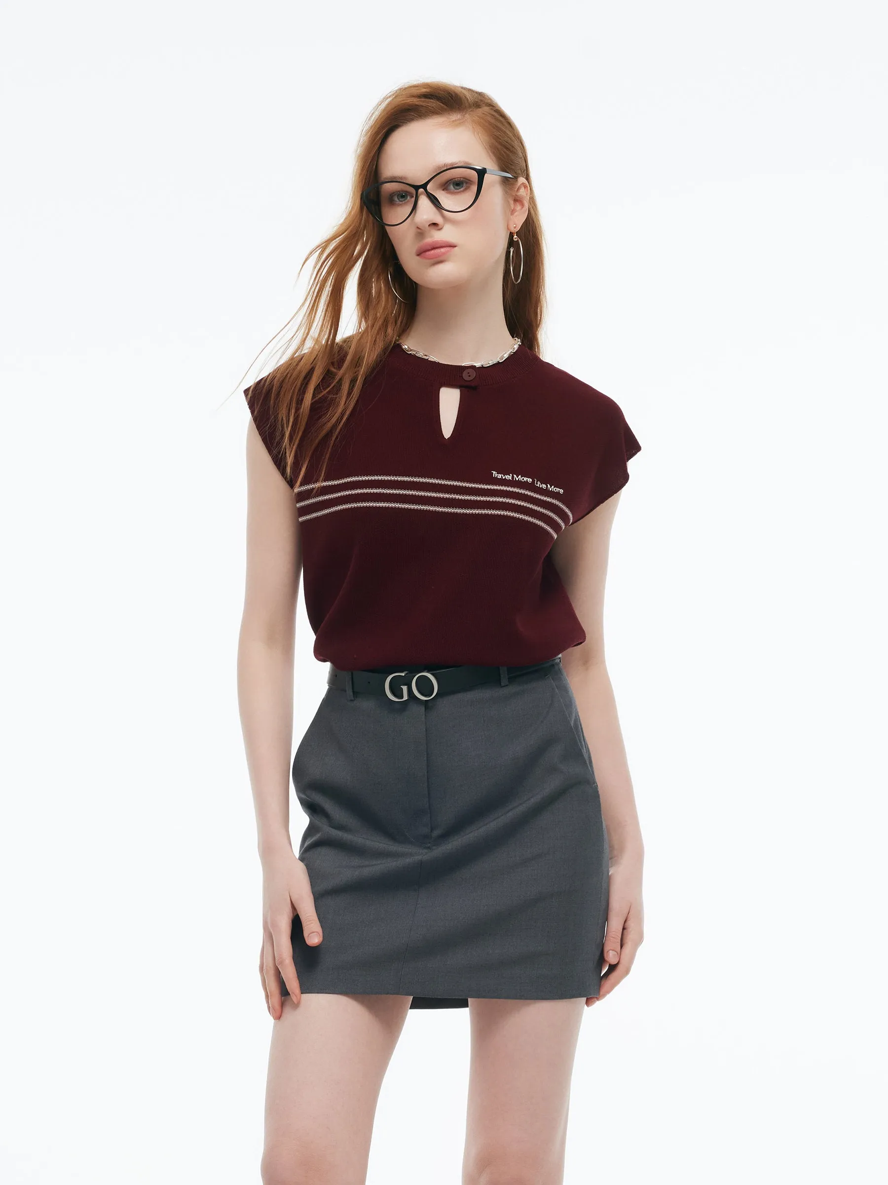 Tencel Blend Stripe Letter Print Women Cap Sleeve Knit Top sold by Goelia