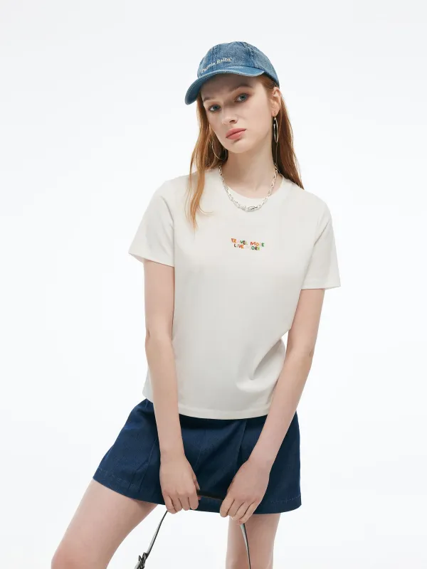 Colorful Bead Letter Women Round Neck Knit T-Shirt sold by Goelia