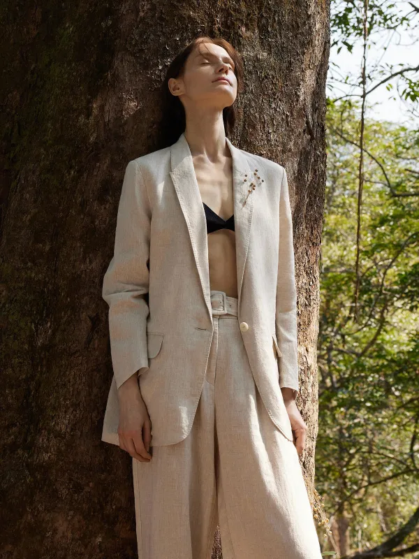 100% Linen Back Slit Women One Button Blazer sold by Goelia