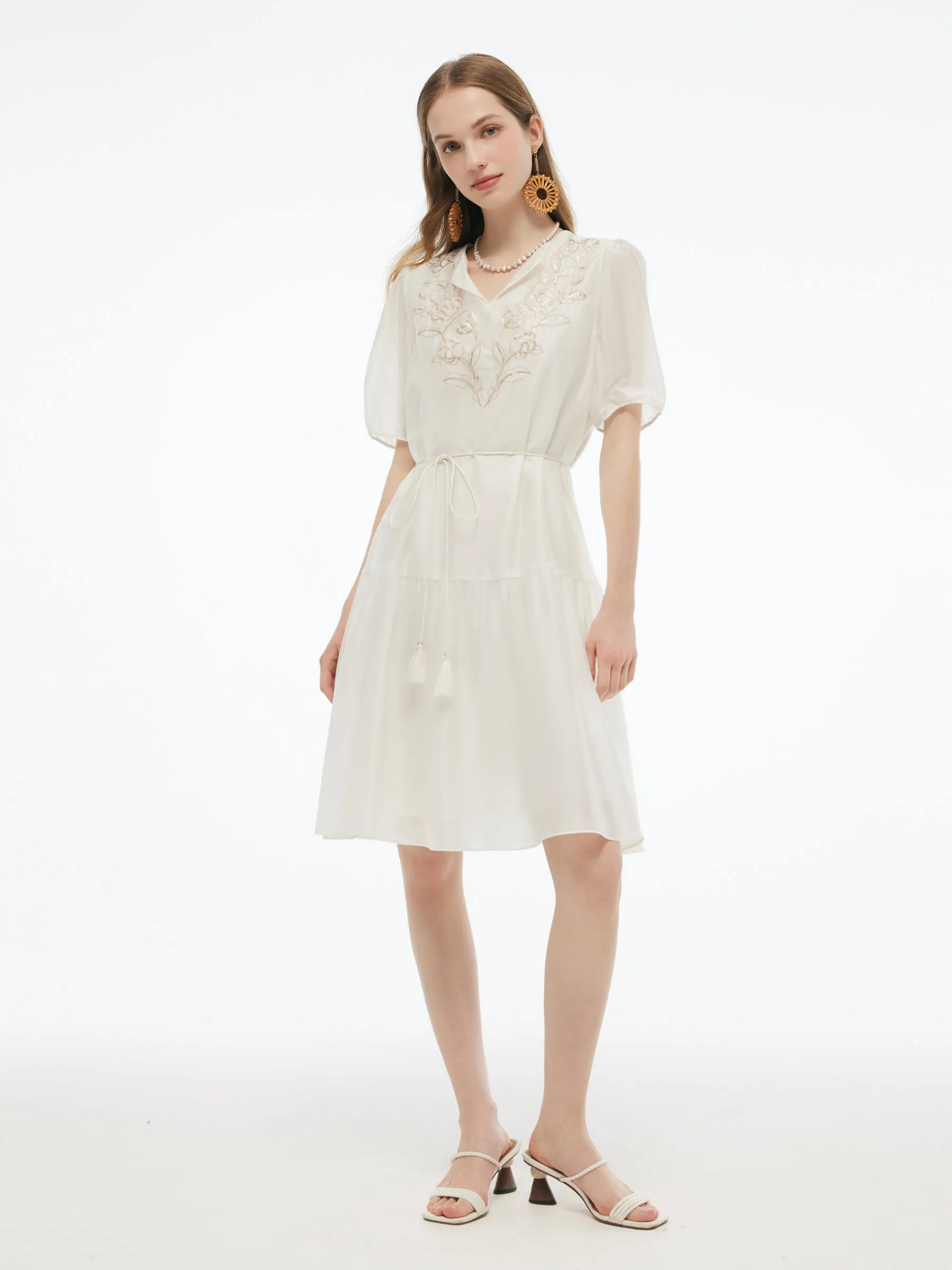 Tencel Blend Sequins Embroidered Women Midi Dress With Tie String Belt sold by Goelia product image thumbnail 3