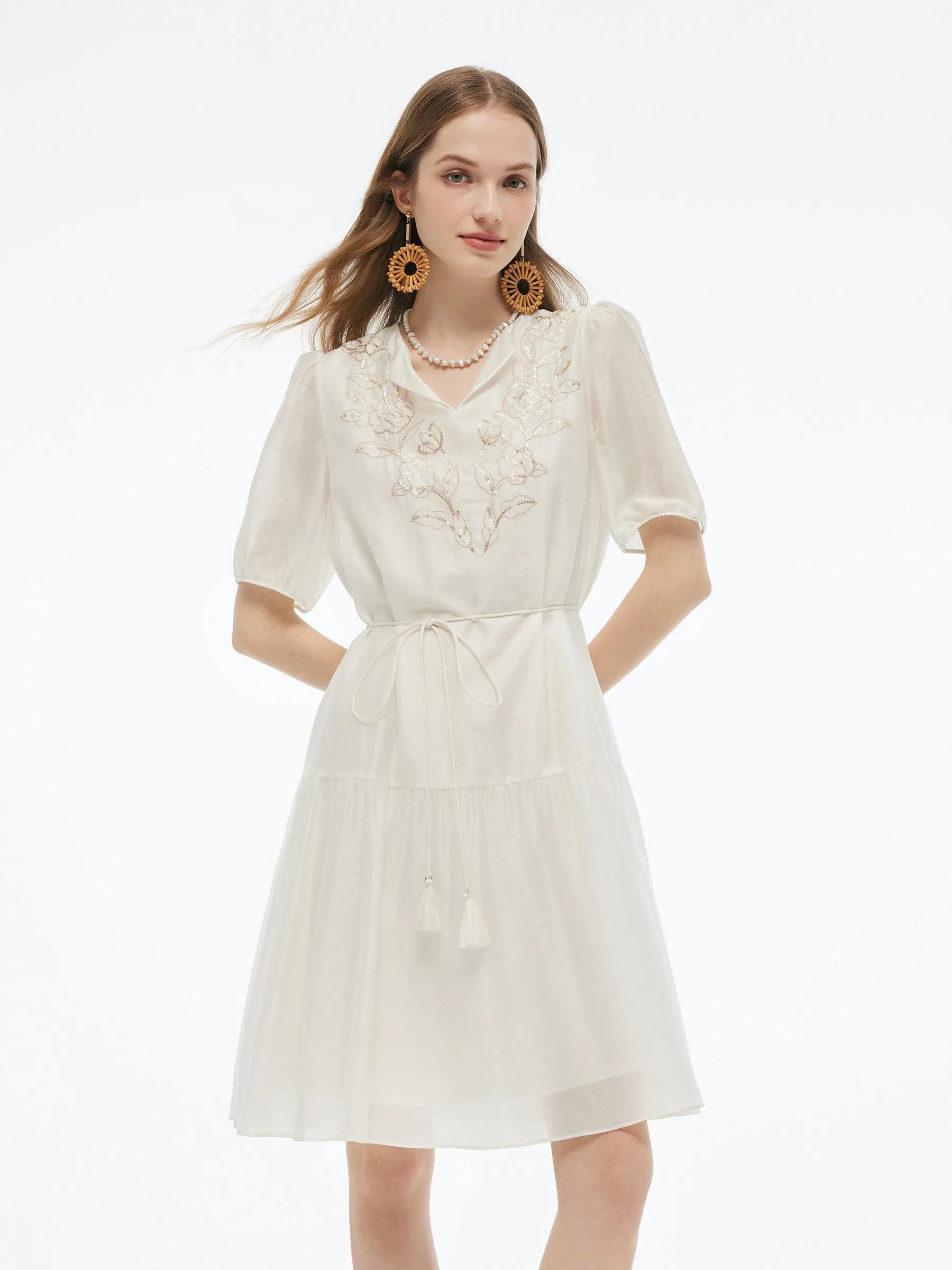 Tencel Blend Sequins Embroidered Women Midi Dress With Tie String Belt sold by Goelia