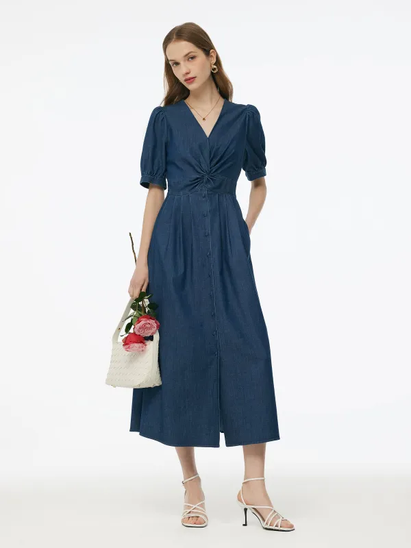 Denim Twist Front V-Neck Women Maxi Dress sold by Goelia