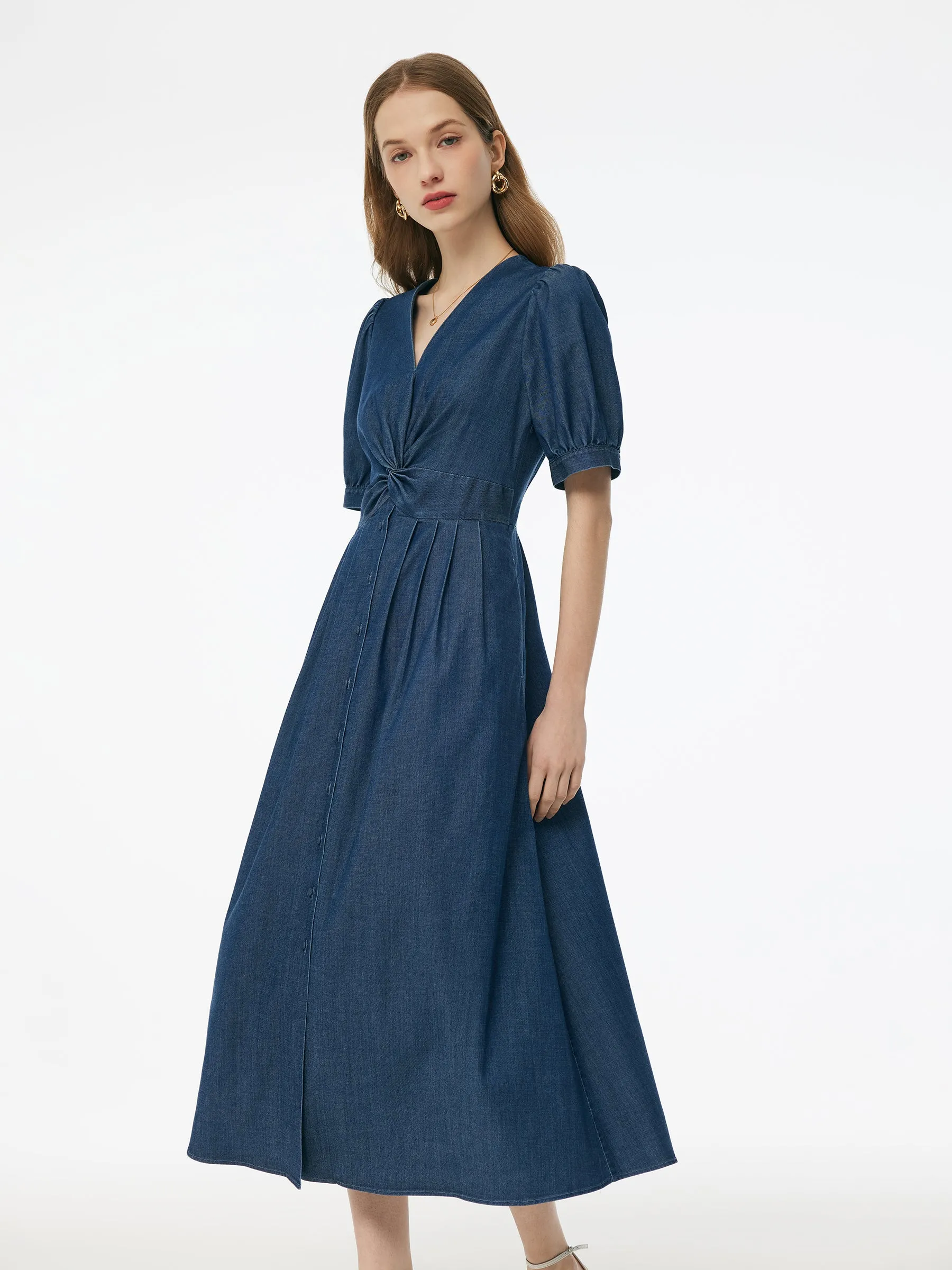 Denim Twist Front V-Neck Women Maxi Dress sold by Goelia product image thumbnail 5
