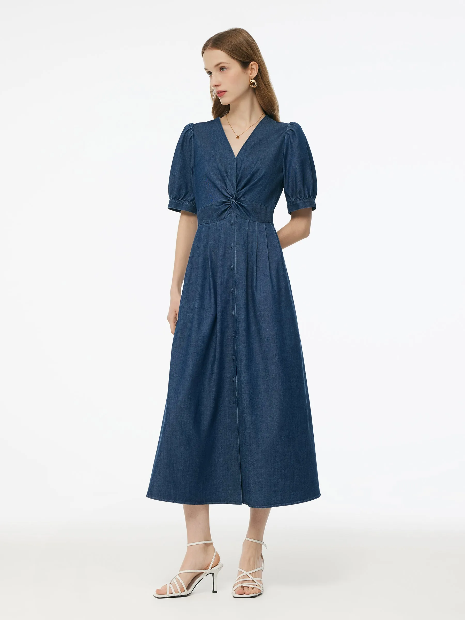 Denim Twist Front V-Neck Women Maxi Dress sold by Goelia product image thumbnail 2