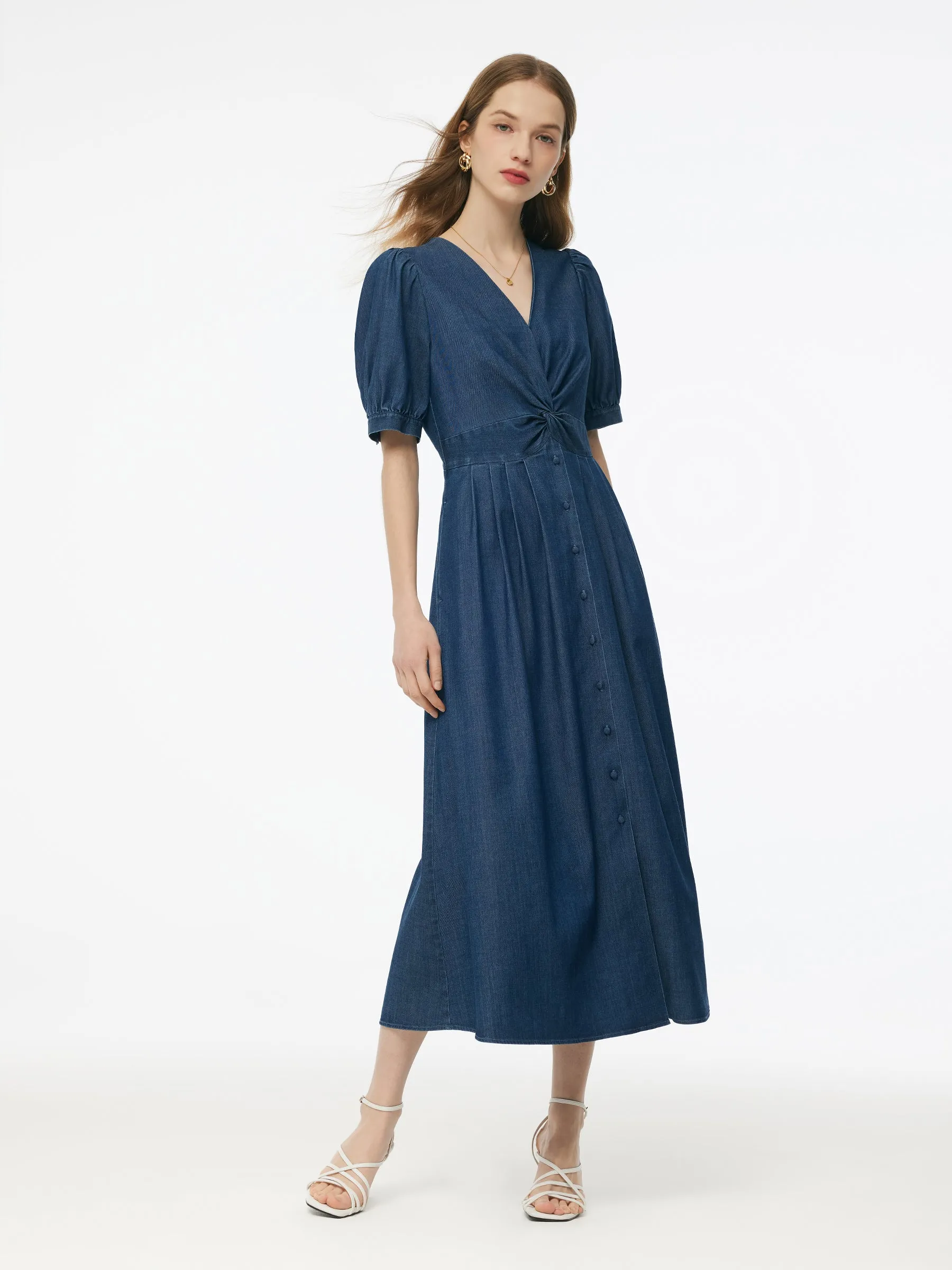 Denim Twist Front V-Neck Women Maxi Dress sold by Goelia product image thumbnail 4