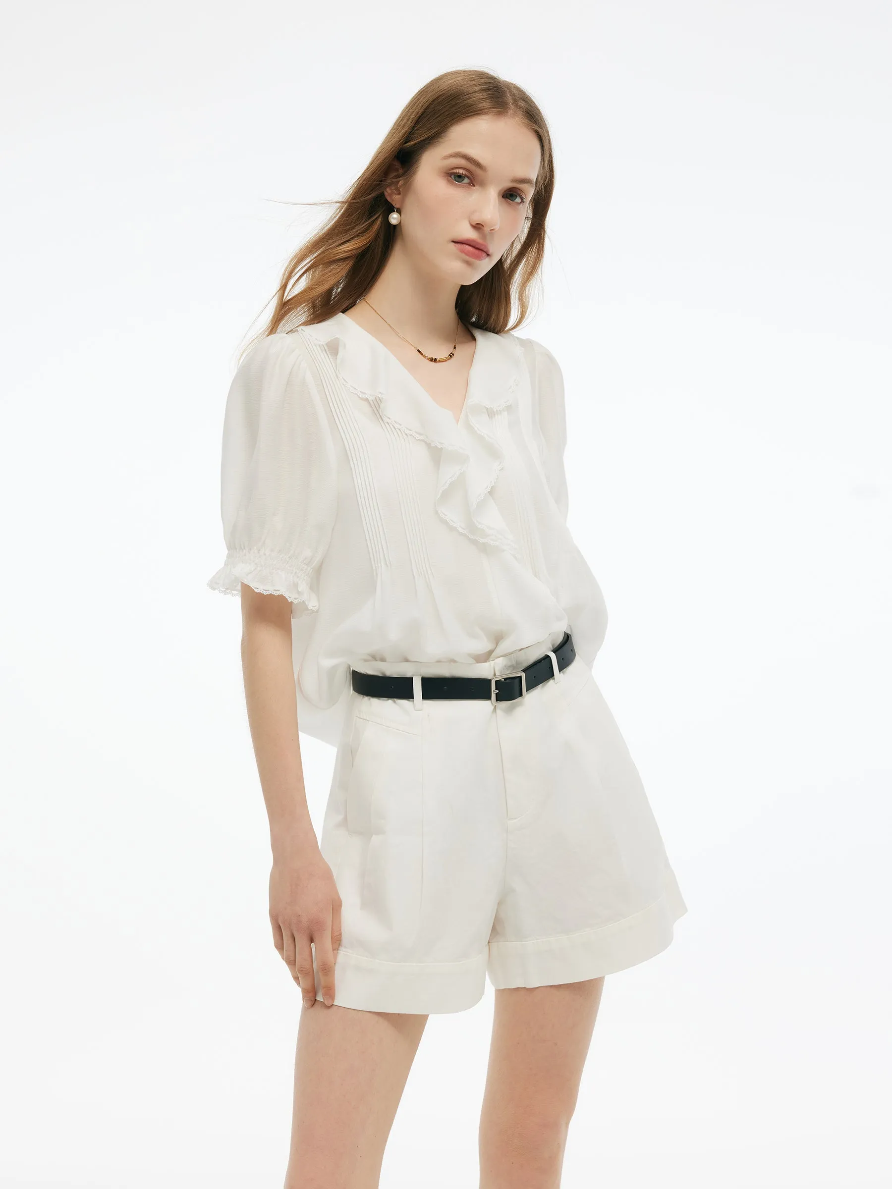 Acetate Blend Ruffle V-Neck Women Blouse sold by Goelia product image thumbnail 5