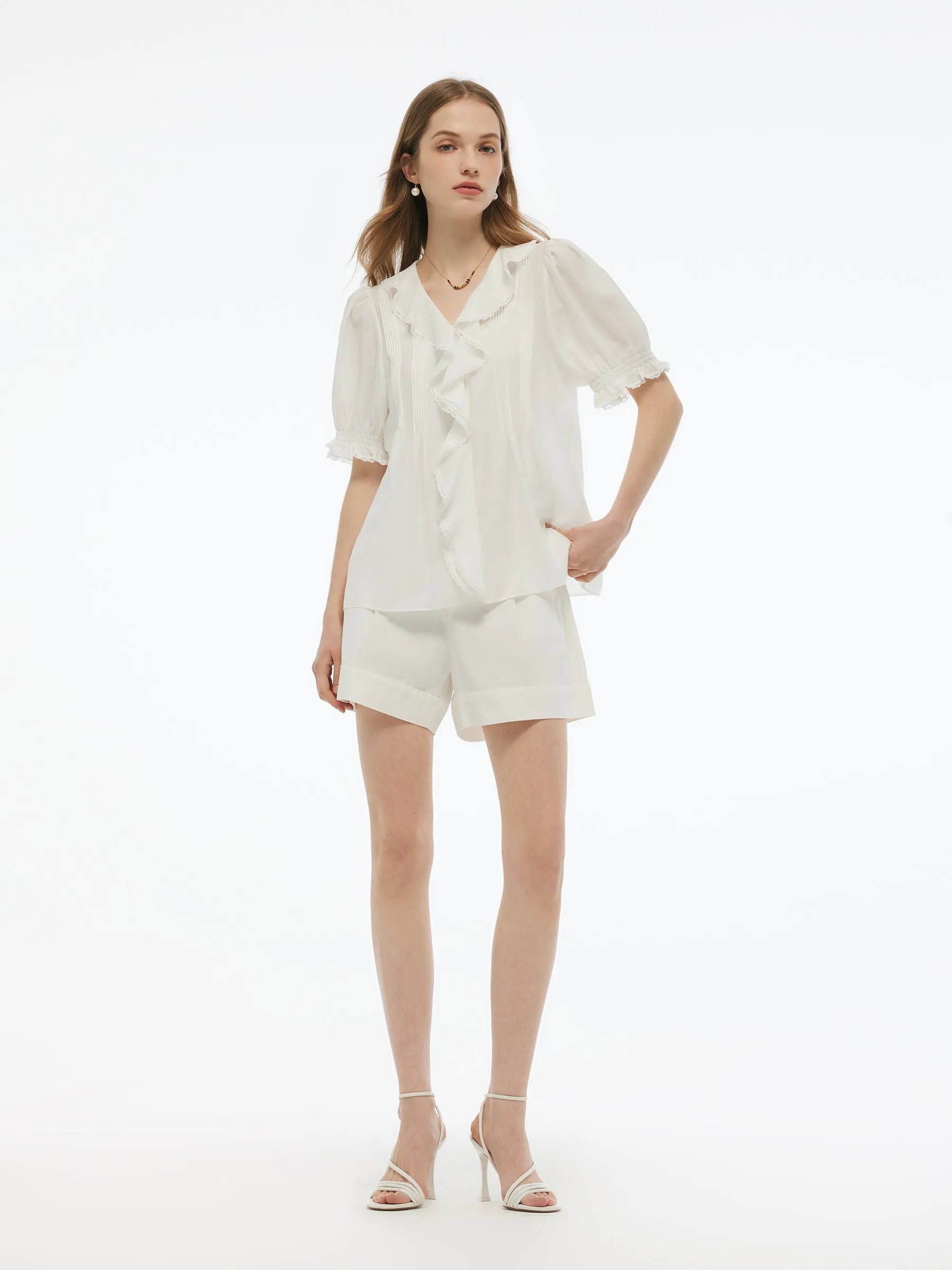 Acetate Blend Ruffle V-Neck Women Blouse sold by Goelia product image thumbnail 2