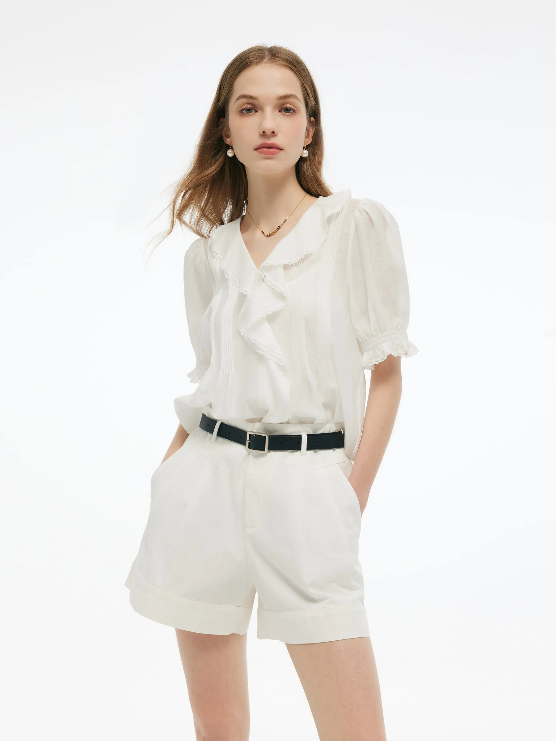 Acetate Blend Ruffle V-Neck Women Blouse sold by Goelia