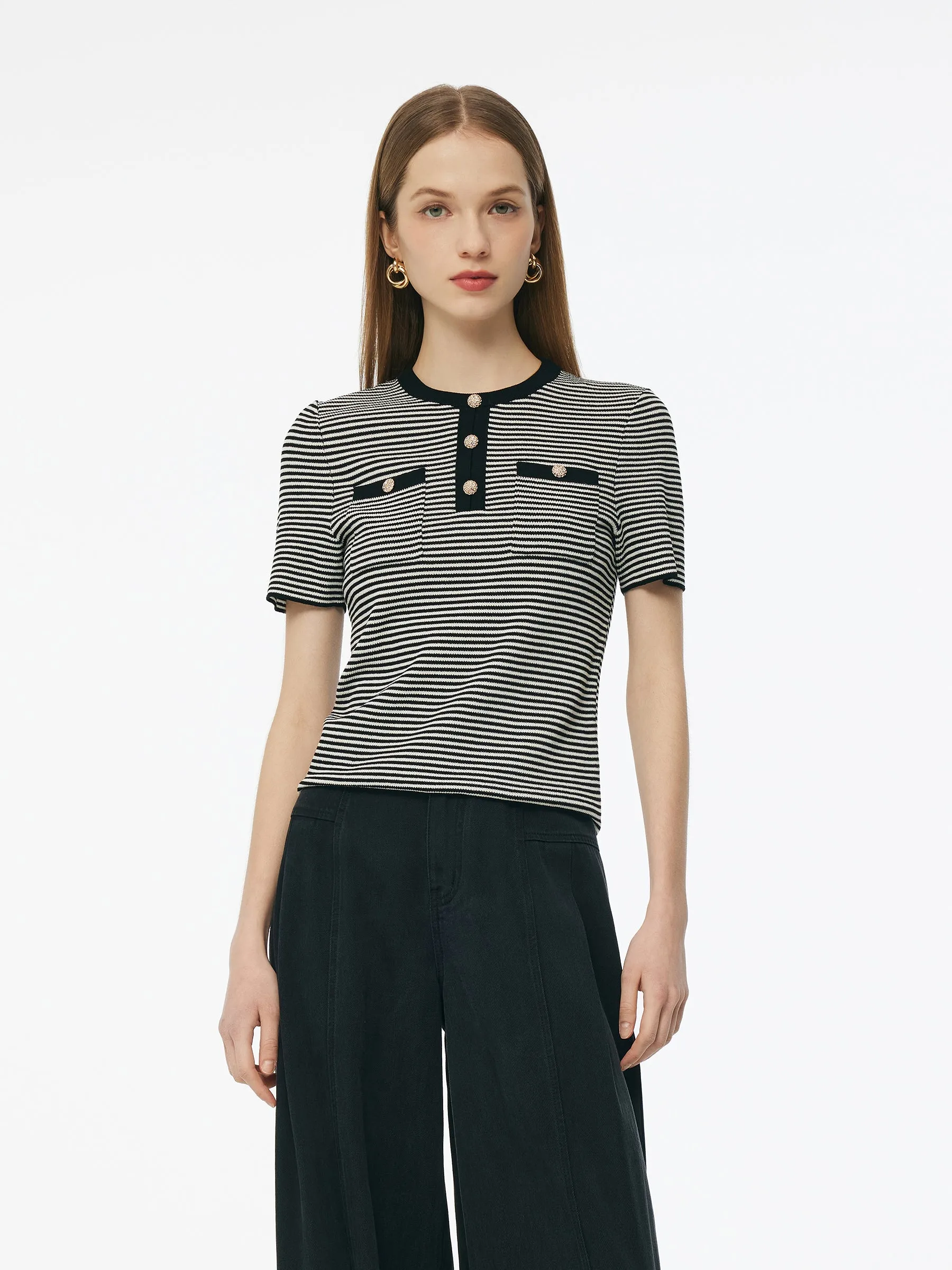 Tencel Blend Black And White Stripe Women Knit Top sold by Goelia product image thumbnail 2