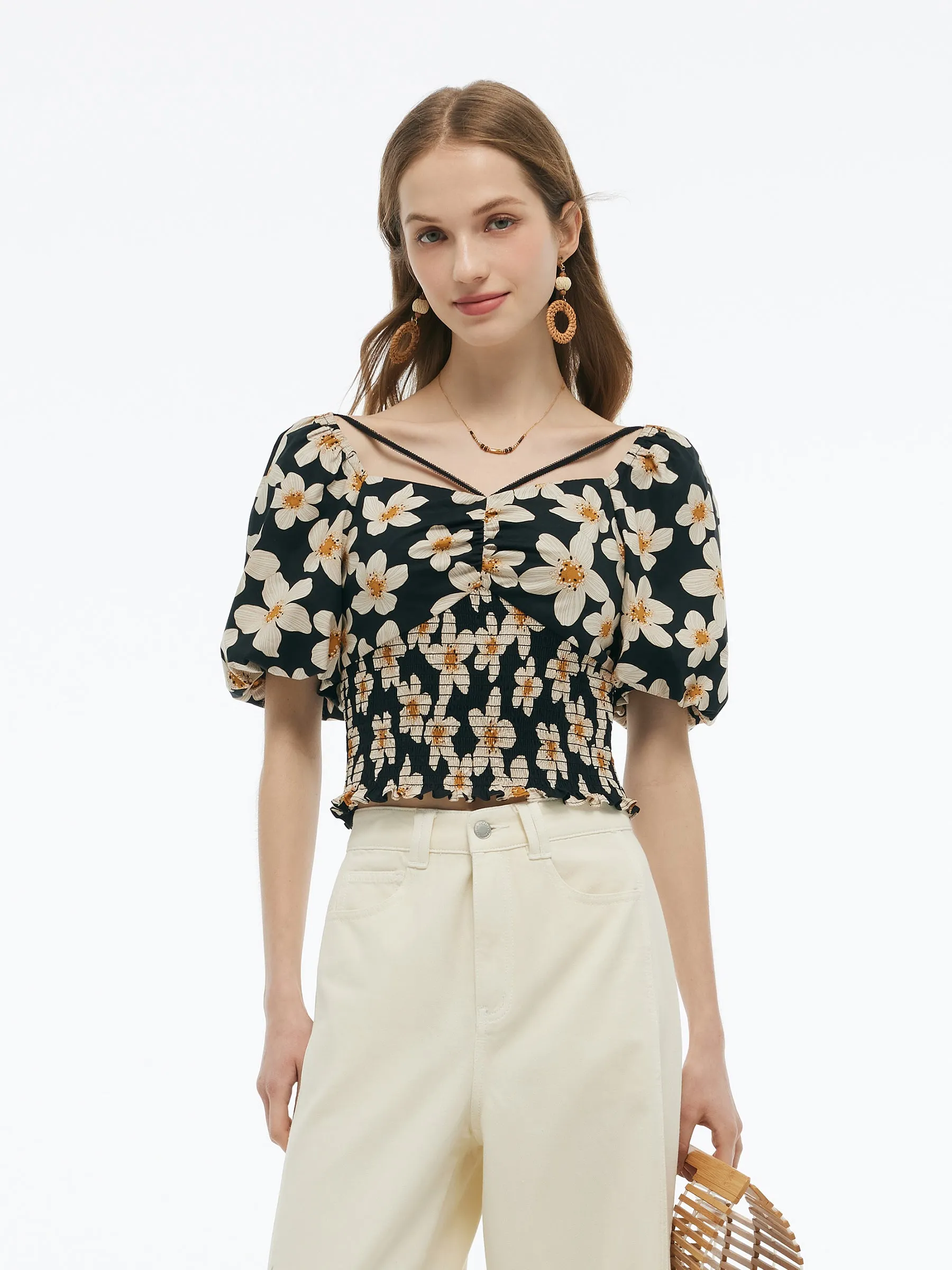 Cotton Stretch Floral Print Women Smocked Top sold by Goelia