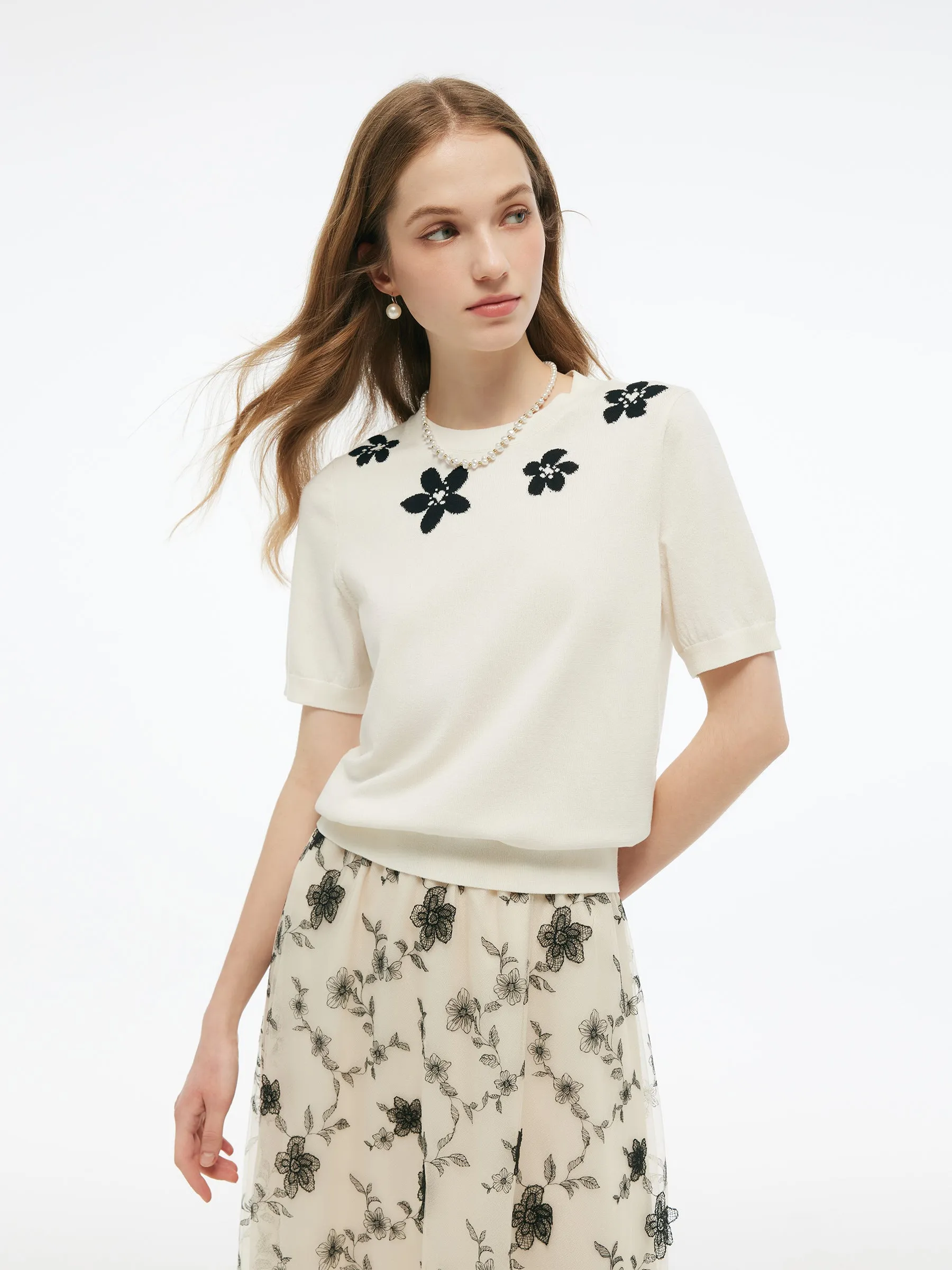 Tencel Blend Floral Jacquard Women Knit Top sold by Goelia