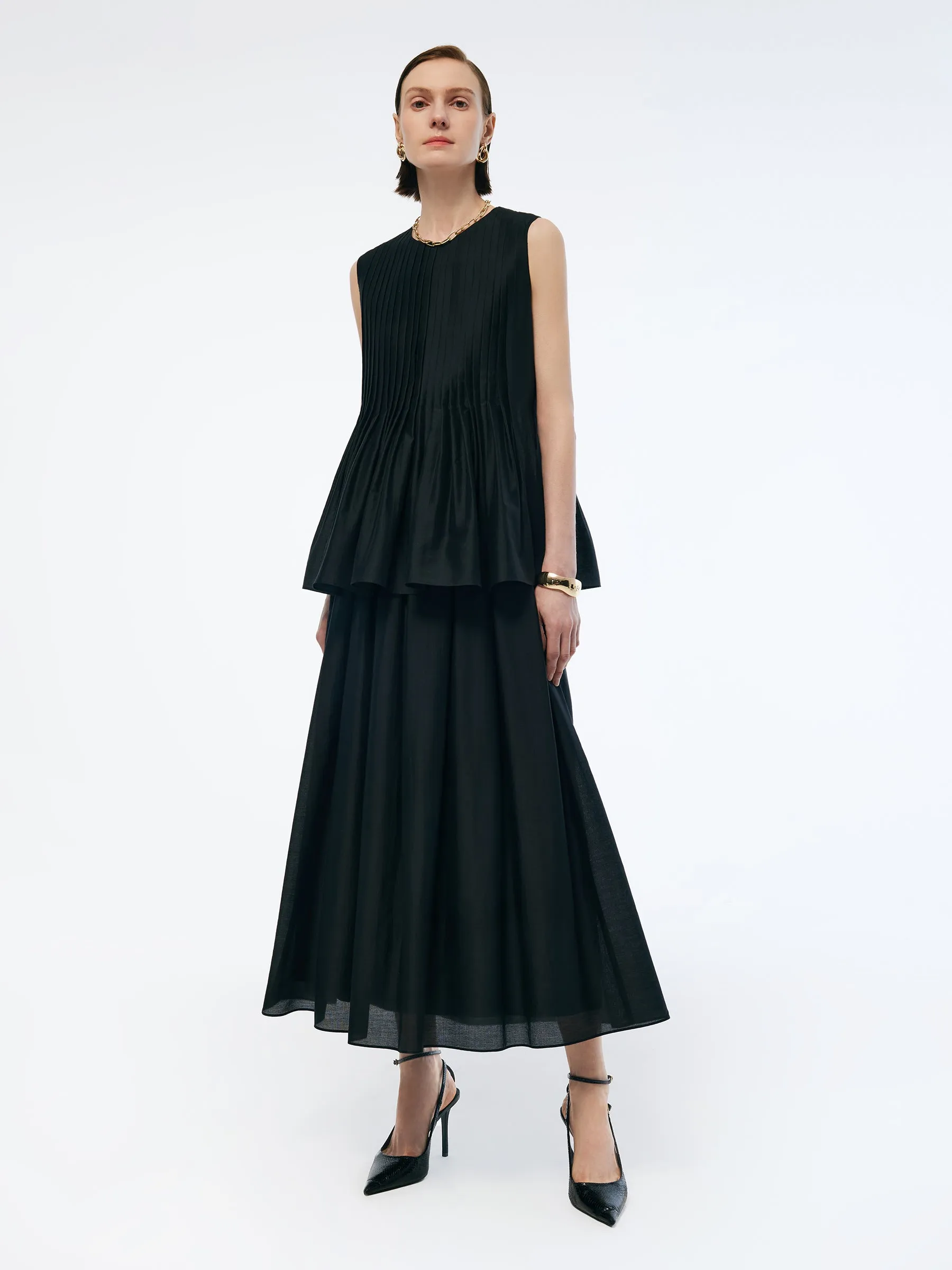 Tencel Blend Ruffle Hem Pleated Tank Top And A-Line Skirt Two-Piece Set sold by Goelia