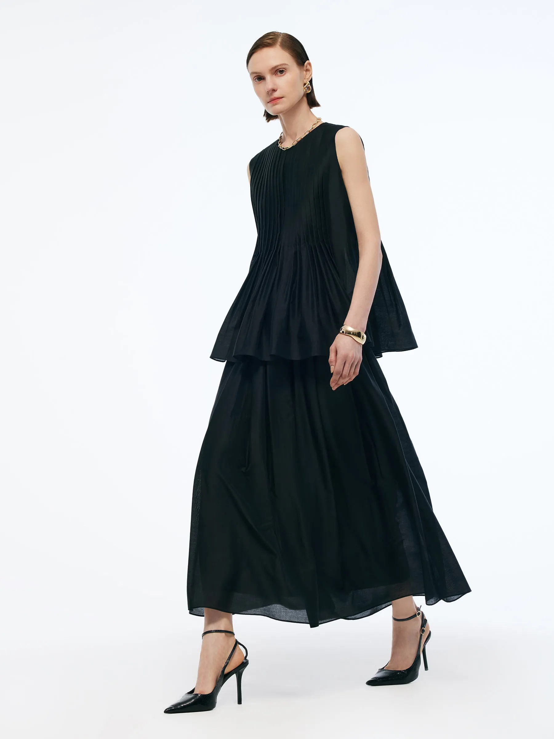 Tencel Blend Ruffle Hem Pleated Tank Top And A-Line Skirt Two-Piece Set sold by Goelia product image thumbnail 2