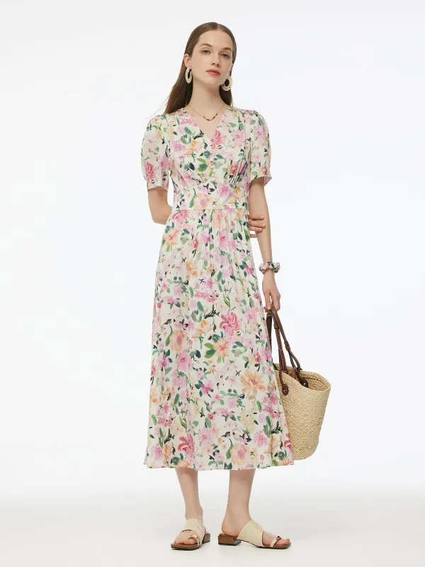 19MM Mulberry Silk Floral Print V-Neck Women Maxi Dress sold by Goelia