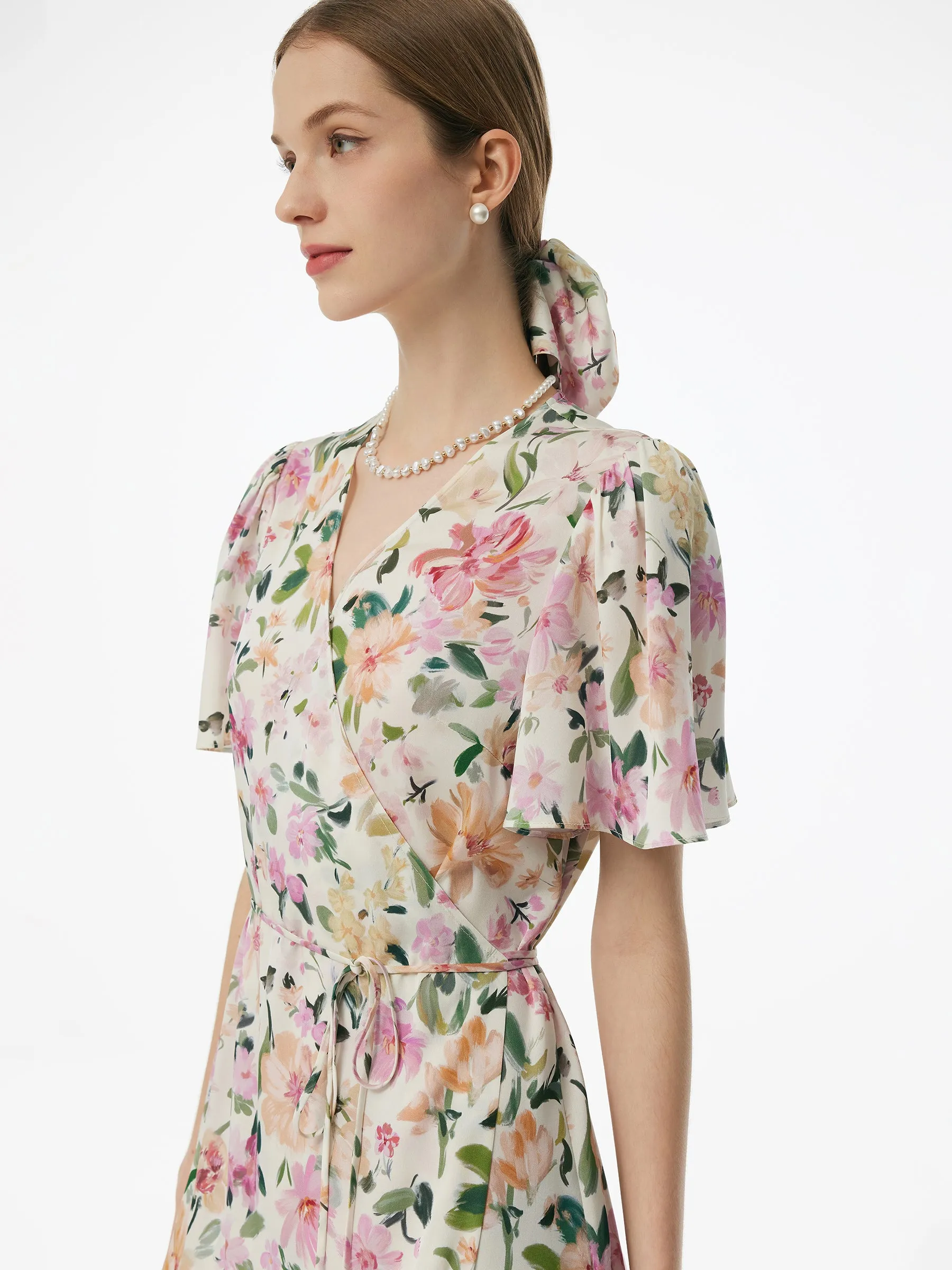 19MM Mulberry Silk Floral Print V-Neck Women Wrap Midi Dress sold by Goelia product image thumbnail 2