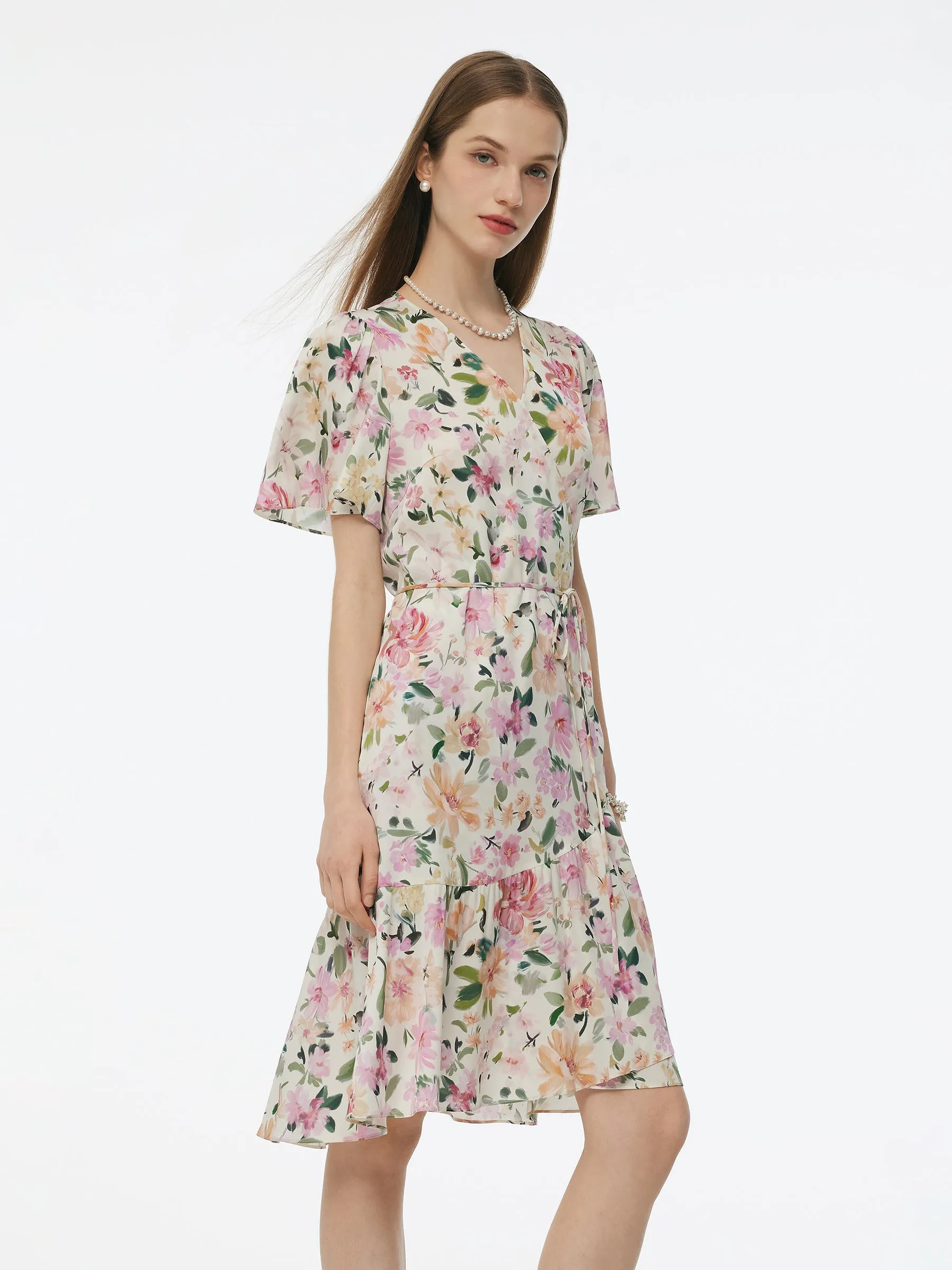 19MM Mulberry Silk Floral Print V-Neck Women Wrap Midi Dress sold by Goelia product image thumbnail 5