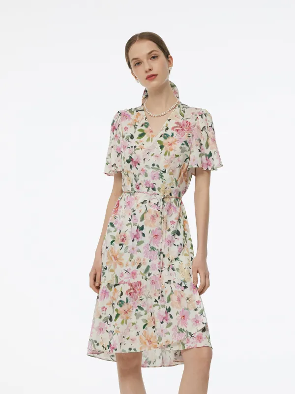 19MM Mulberry Silk Floral Print V-Neck Women Wrap Midi Dress sold by Goelia