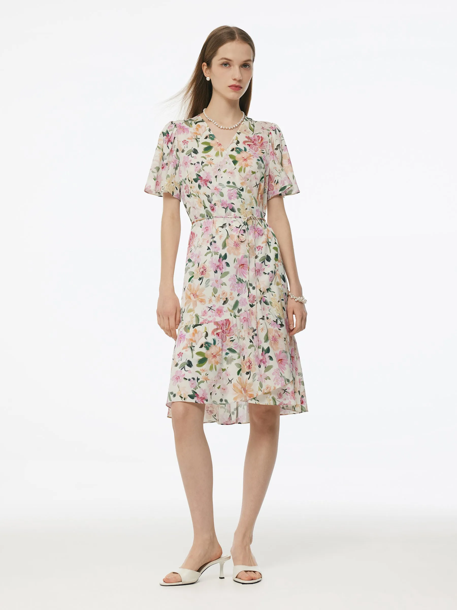 19MM Mulberry Silk Floral Print V-Neck Women Wrap Midi Dress sold by Goelia product image thumbnail 3