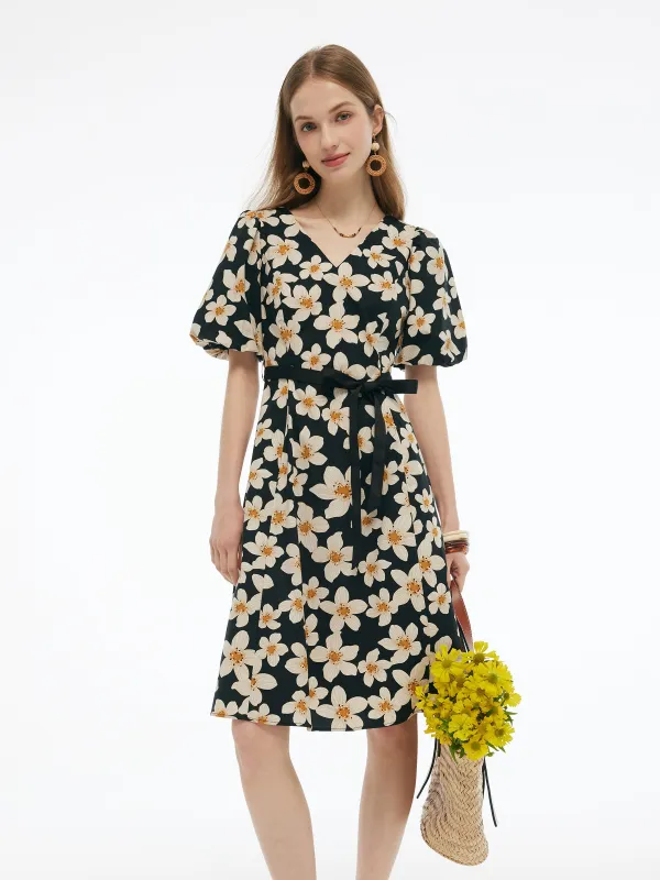 Cotton Stretch Floral Print Women Tie Belt Midi Dress sold by Goelia