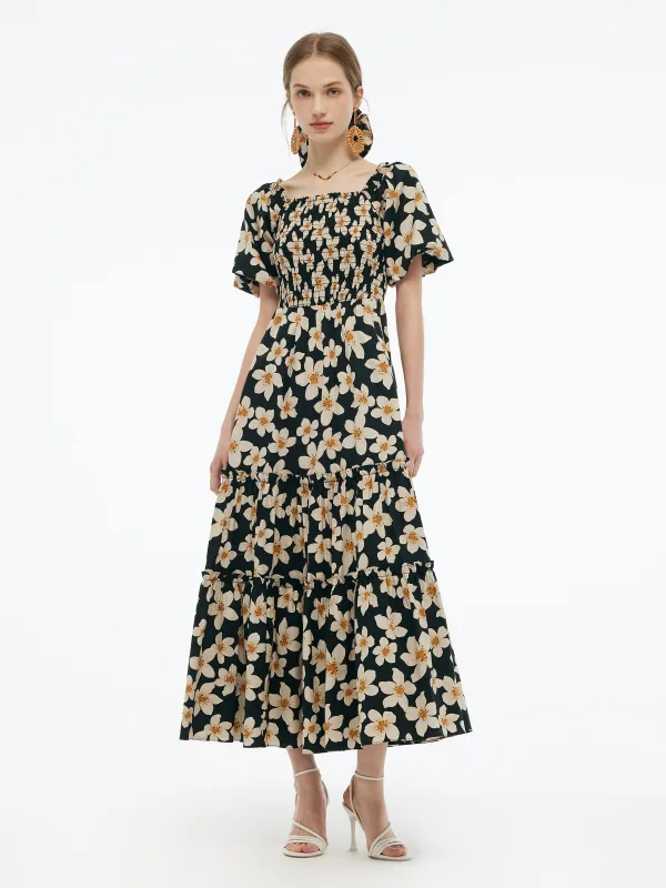 Cotton Stretch Floral Print Women Smocked Maxi Dress sold by Goelia