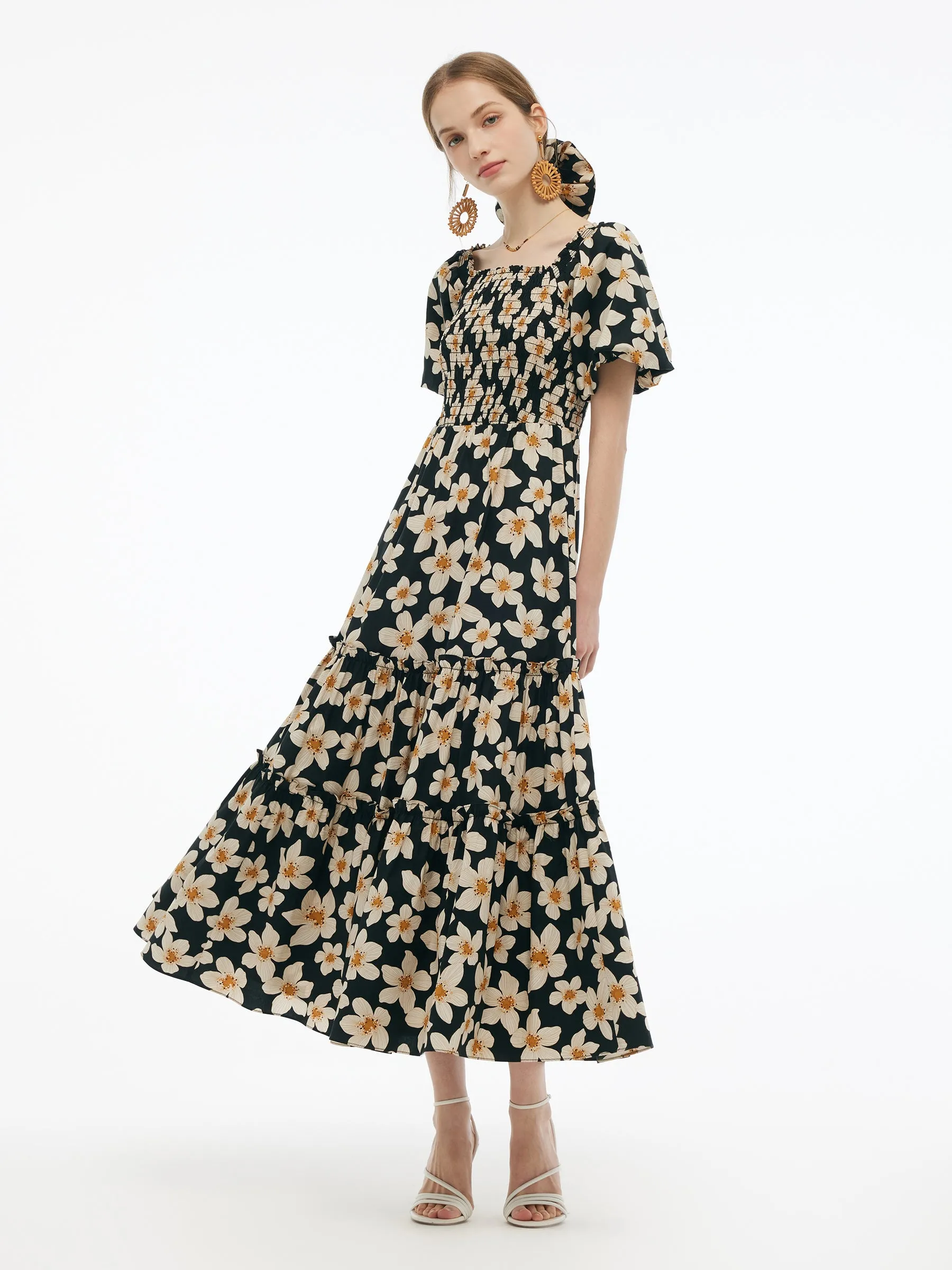 Cotton Stretch Floral Print Women Smocked Maxi Dress sold by Goelia product image thumbnail 2