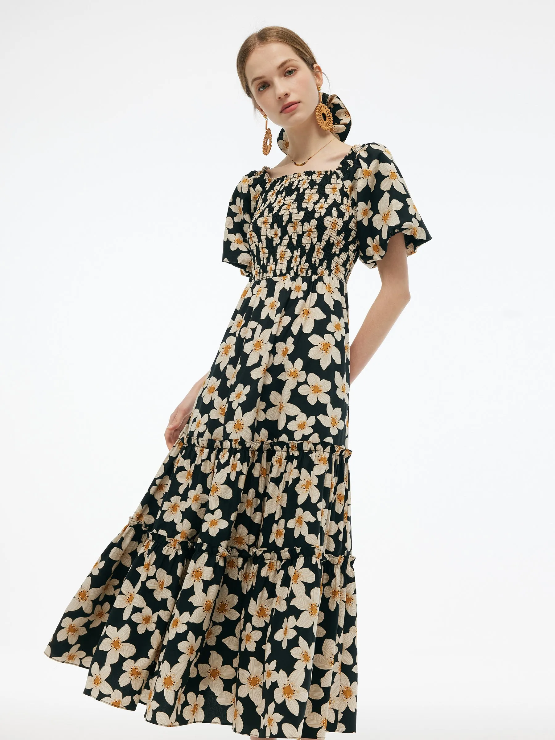 Cotton Stretch Floral Print Women Smocked Maxi Dress sold by Goelia product image thumbnail 5