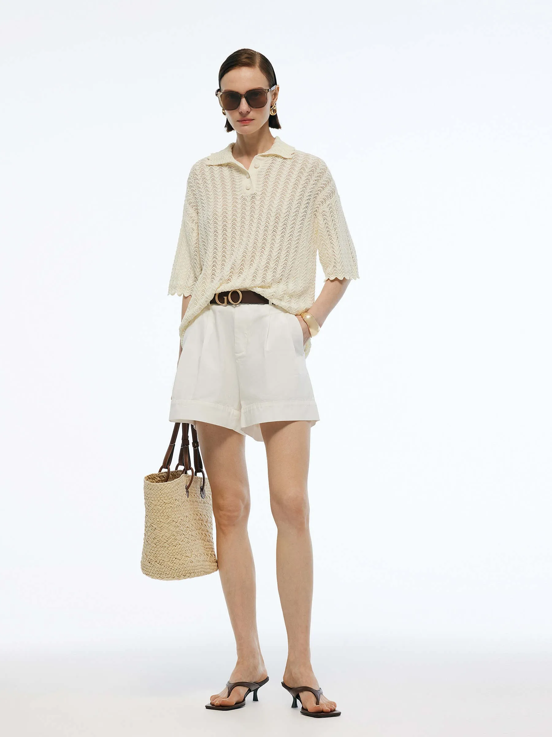 100% Cotton Openwork Women Knit Polo Top sold by Goelia product image thumbnail 2