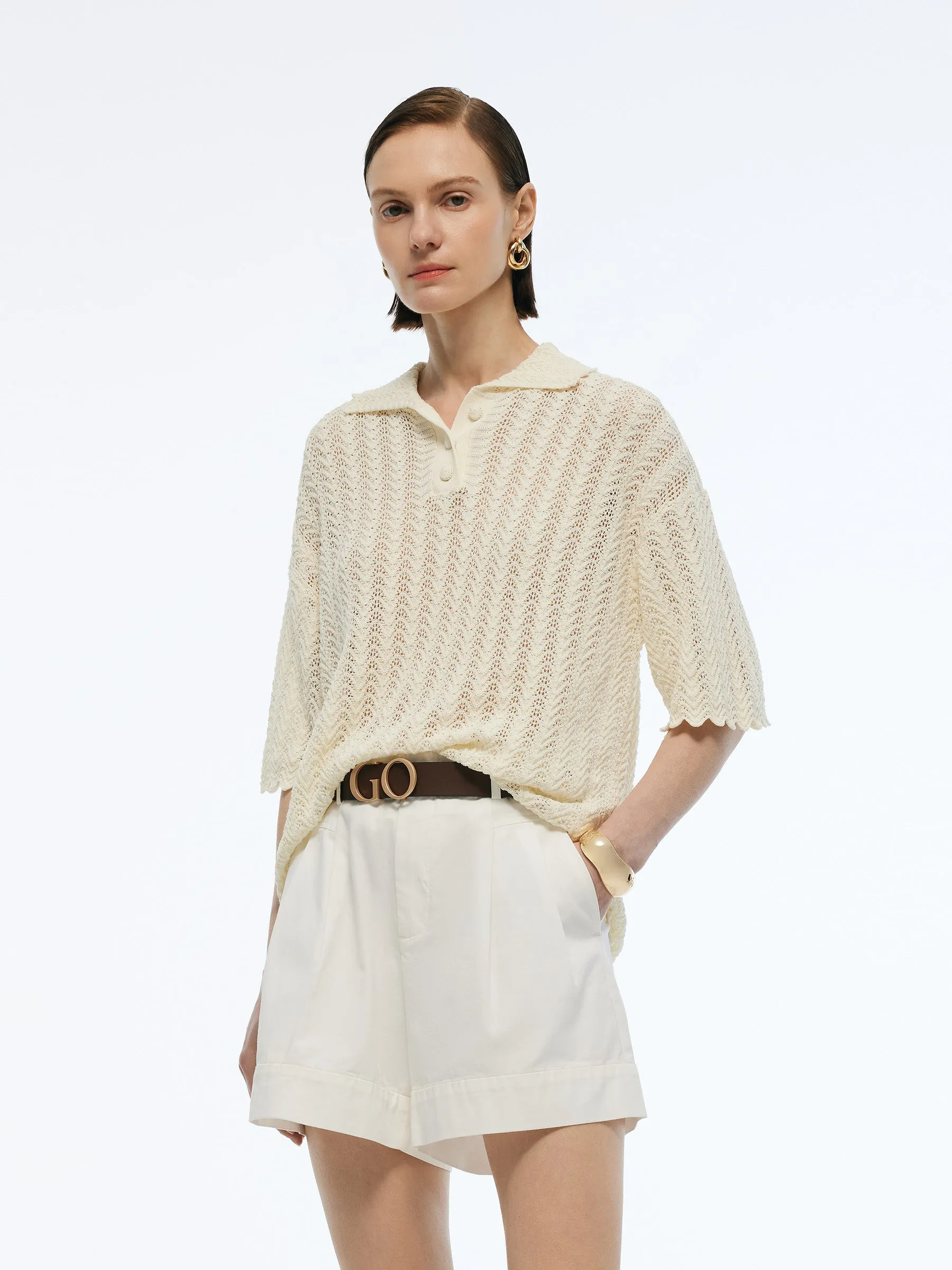 100% Cotton Openwork Women Knit Polo Top sold by Goelia