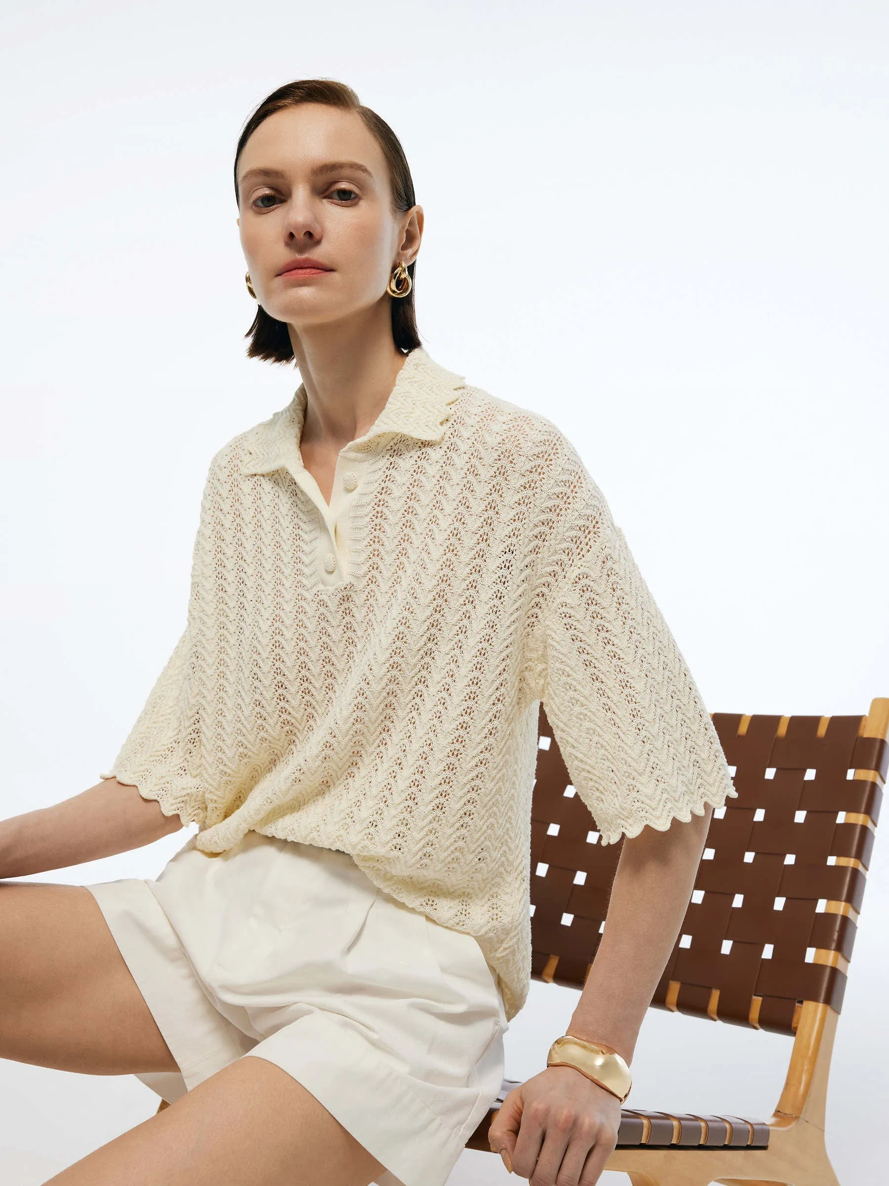 100% Cotton Openwork Women Knit Polo Top sold by Goelia product image thumbnail 4