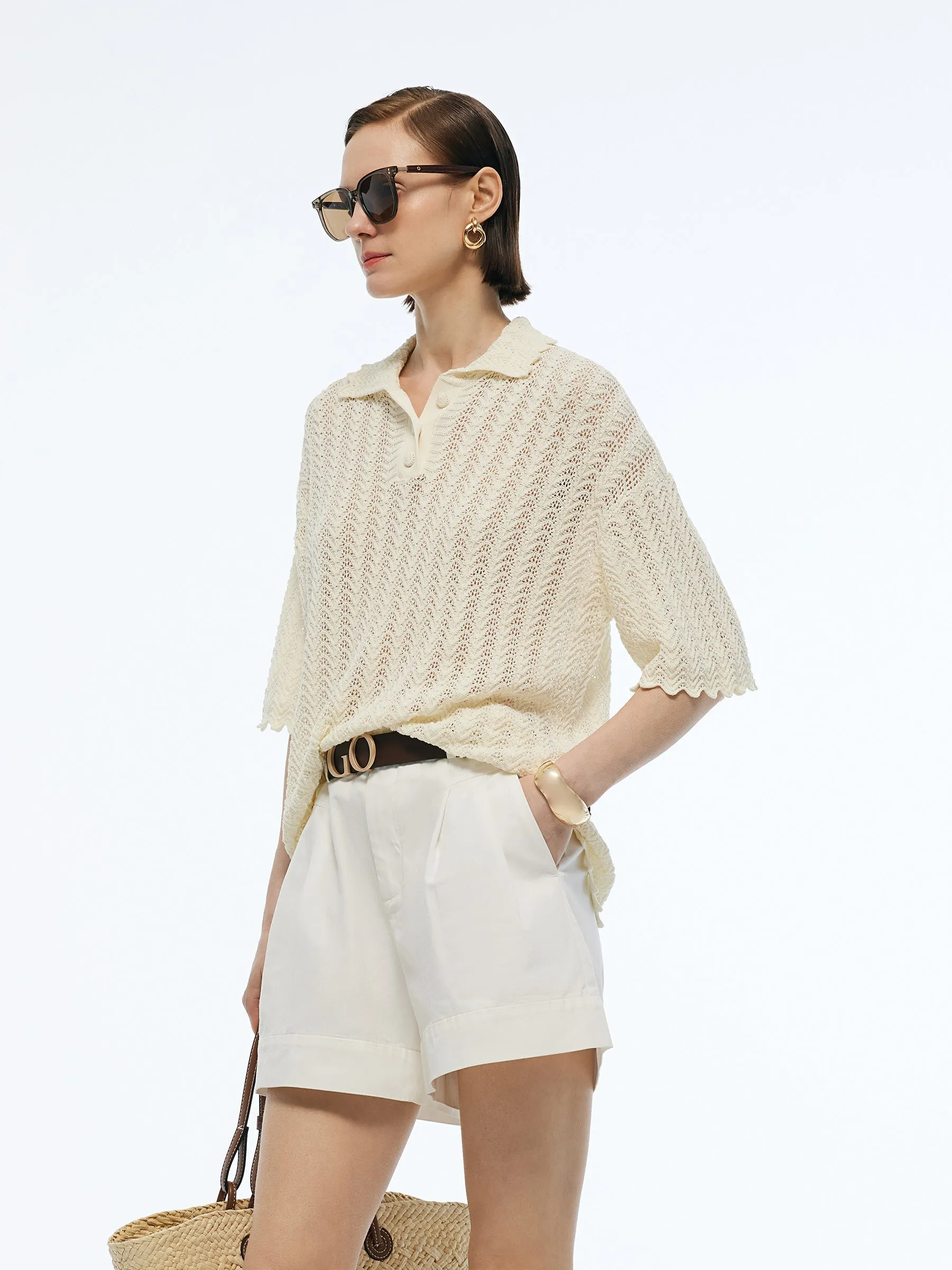 100% Cotton Openwork Women Knit Polo Top sold by Goelia product image thumbnail 3