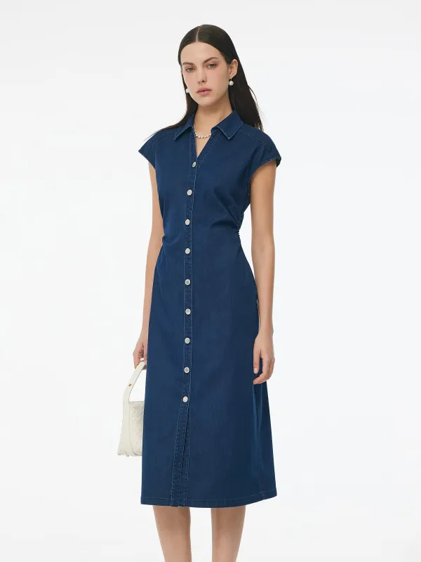 Denim Side Twist Women Cap Sleeve Stretchy Midi Dress sold by Goelia