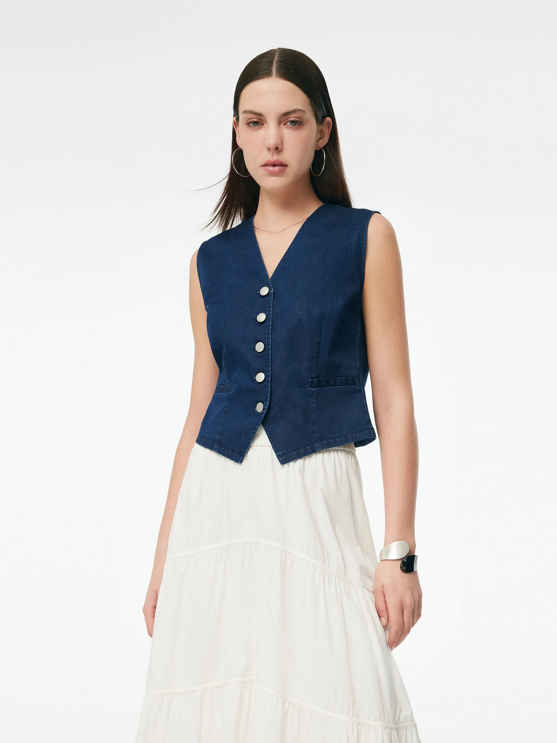 Denim Single-Breasted Women Stretchy Vest sold by Goelia