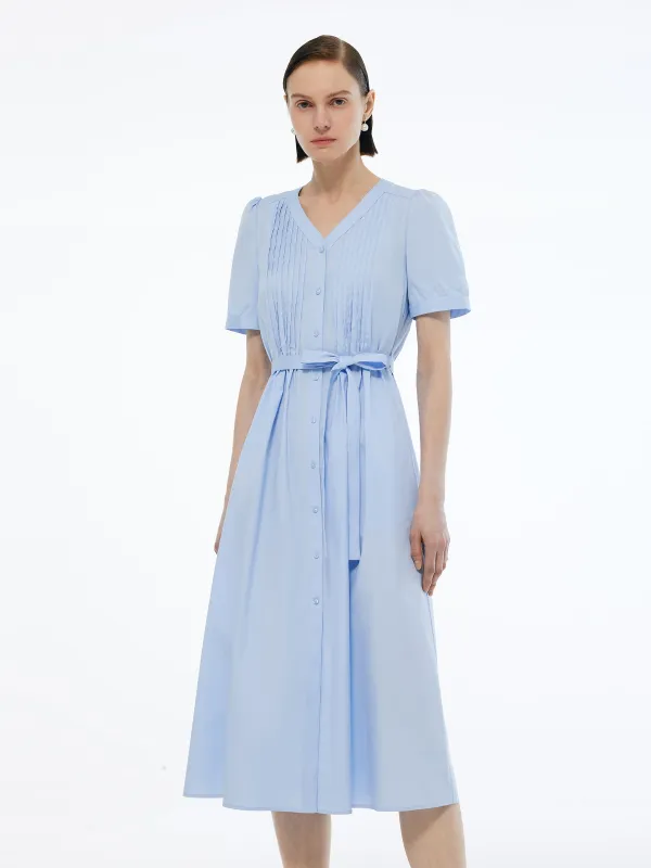 V-Neck Pleat Front Women A-Line Tie Belt Midi Dress sold by Goelia