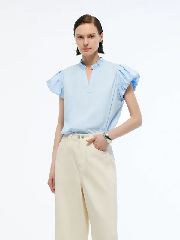 Ruffle Collar V-Neck Women Puff Sleeve Blouse sold by Goelia