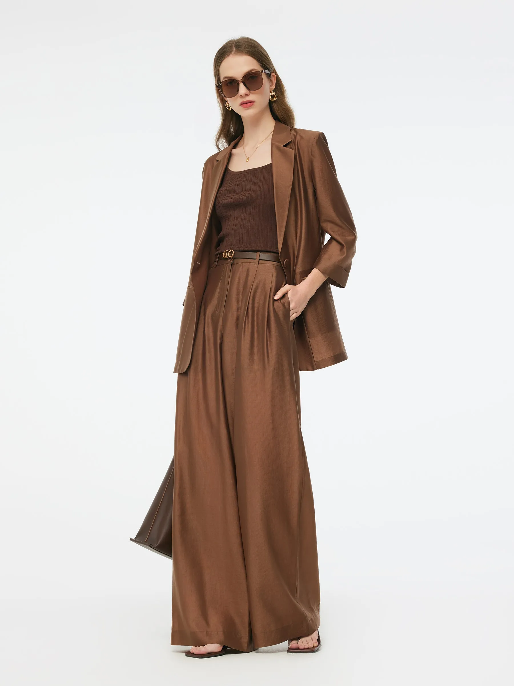 Tencel Blend Women Wide Leg Pants With GO Letter Leather Belt sold by Goelia product image thumbnail 4