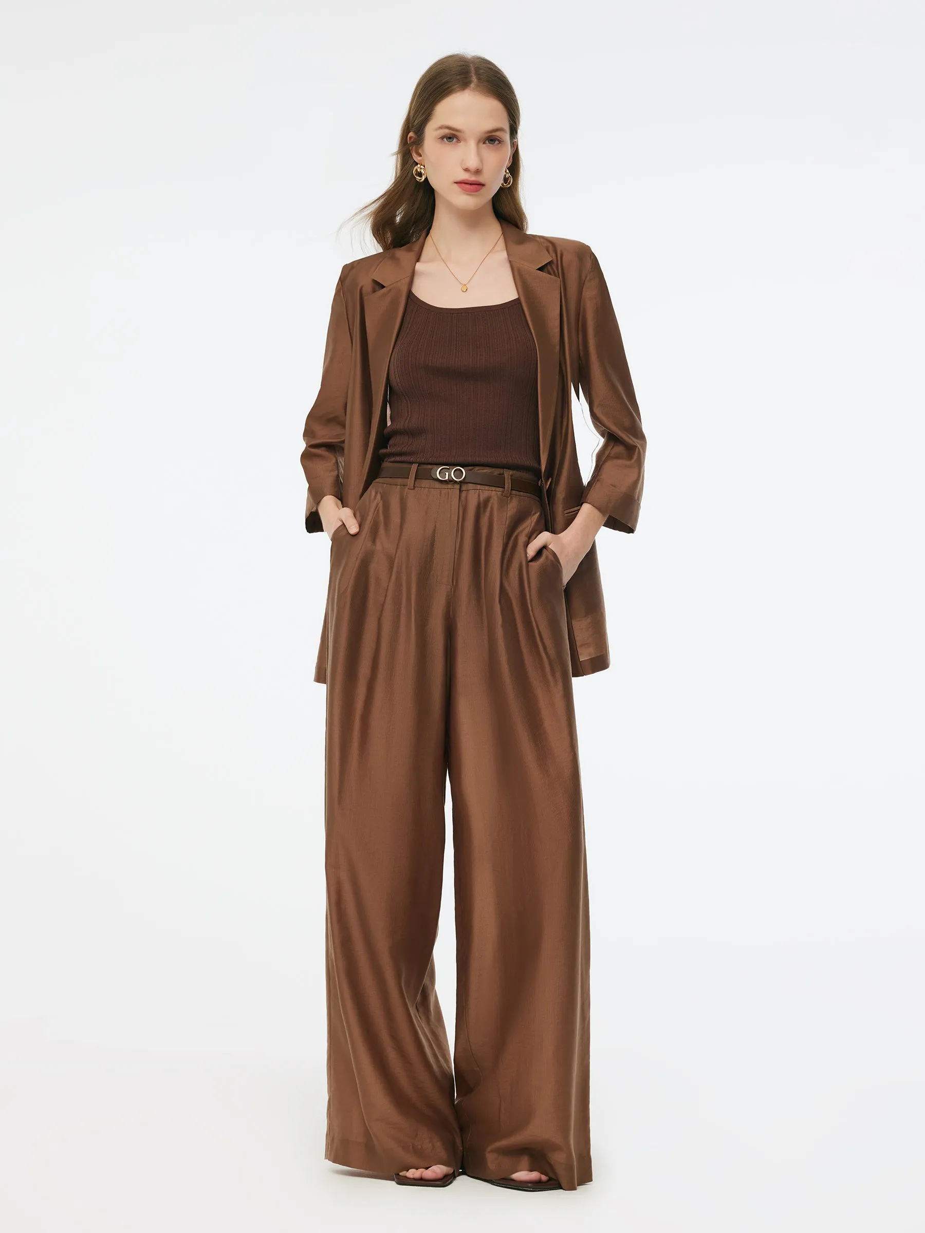 Tencel Blend Women Wide Leg Pants With GO Letter Leather Belt sold by Goelia product image thumbnail 5