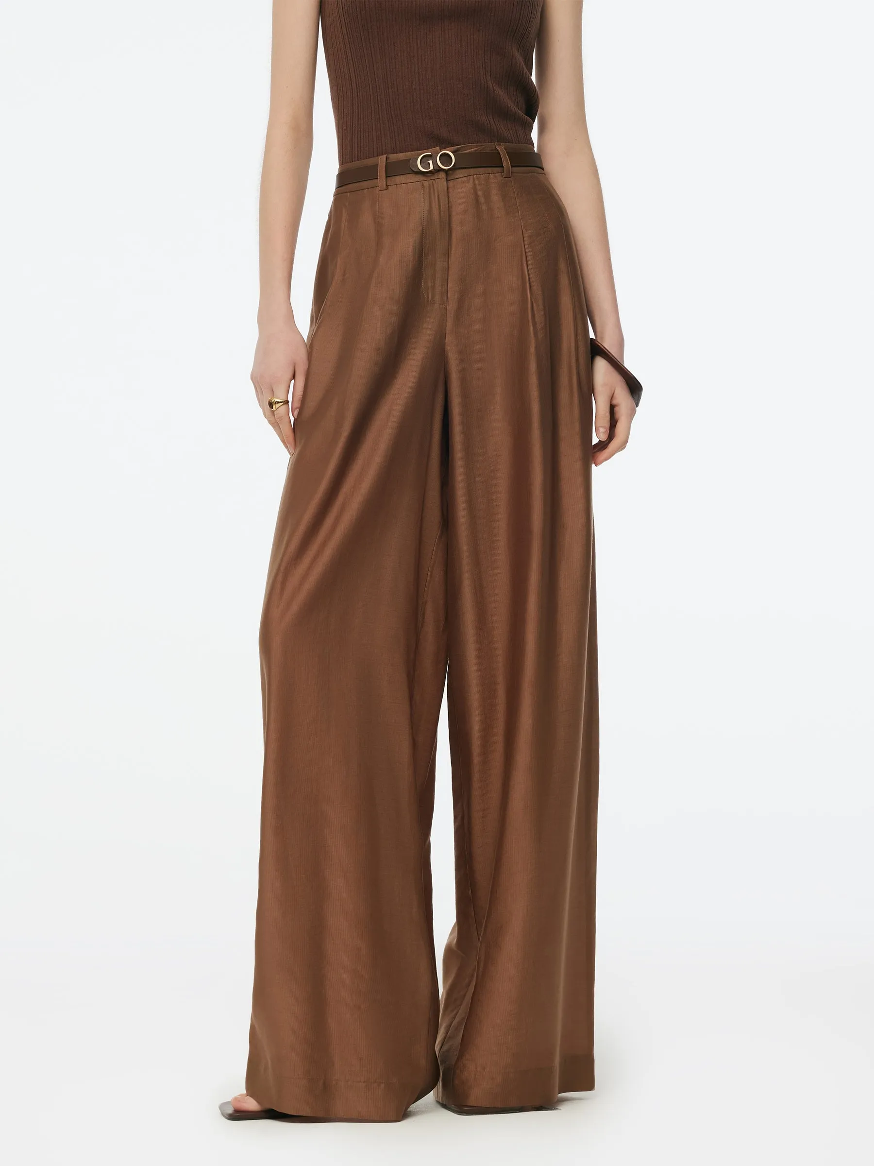 Tencel Blend Women Wide Leg Pants With GO Letter Leather Belt sold by Goelia