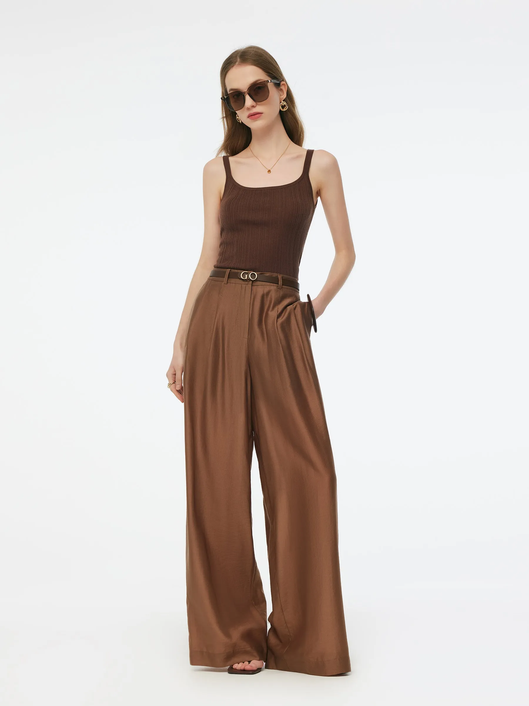 Tencel Blend Women Wide Leg Pants With GO Letter Leather Belt sold by Goelia product image thumbnail 2