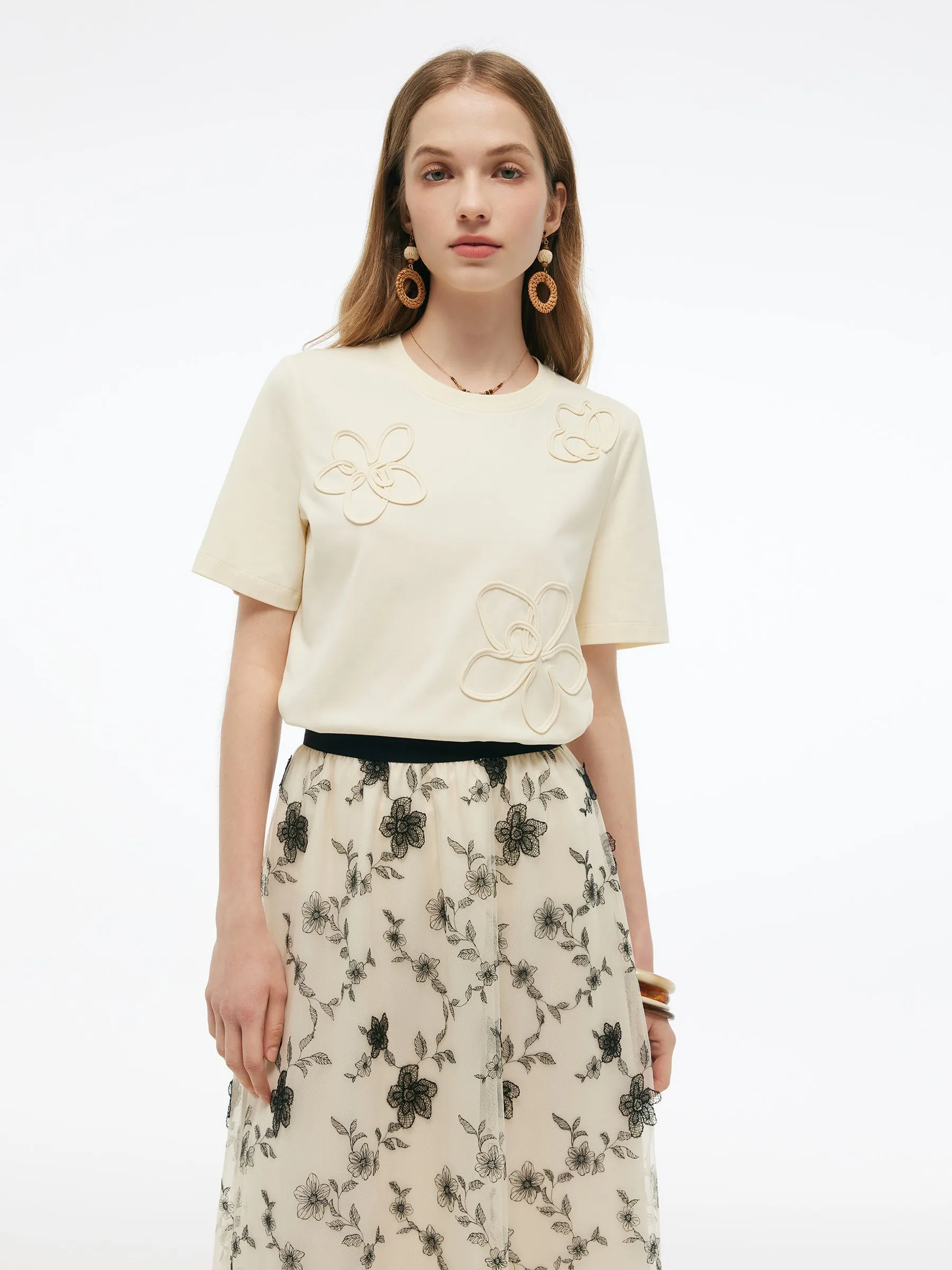 Floral Embellished Women Knit T-Shirt sold by Goelia